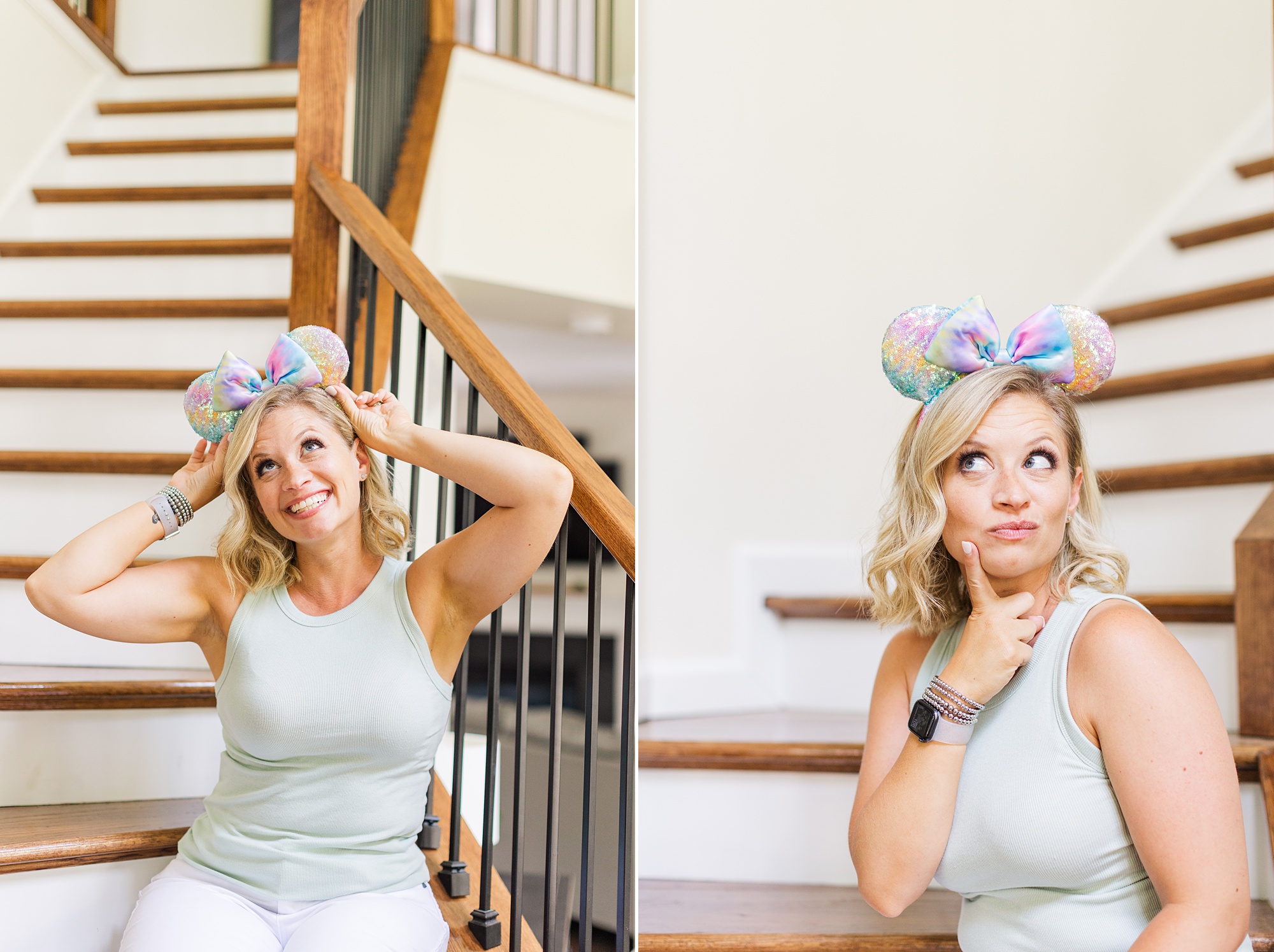 woman in Mickey ears sits on steps during branding photos at home
