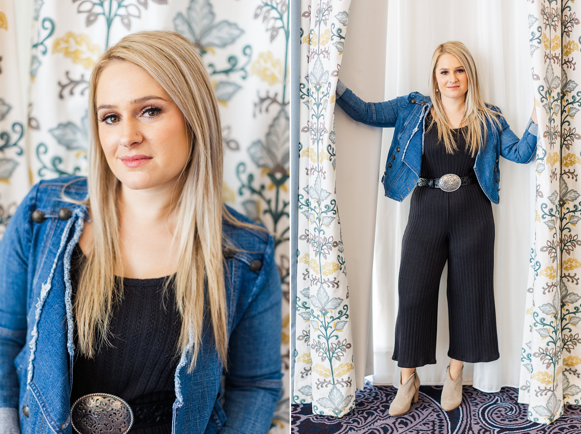 country singer poses by blue and white curtains at the Graduate Hotel