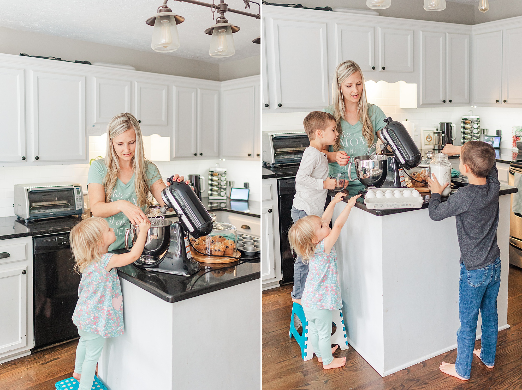 mom bakes in kitchen with kids during branding photos