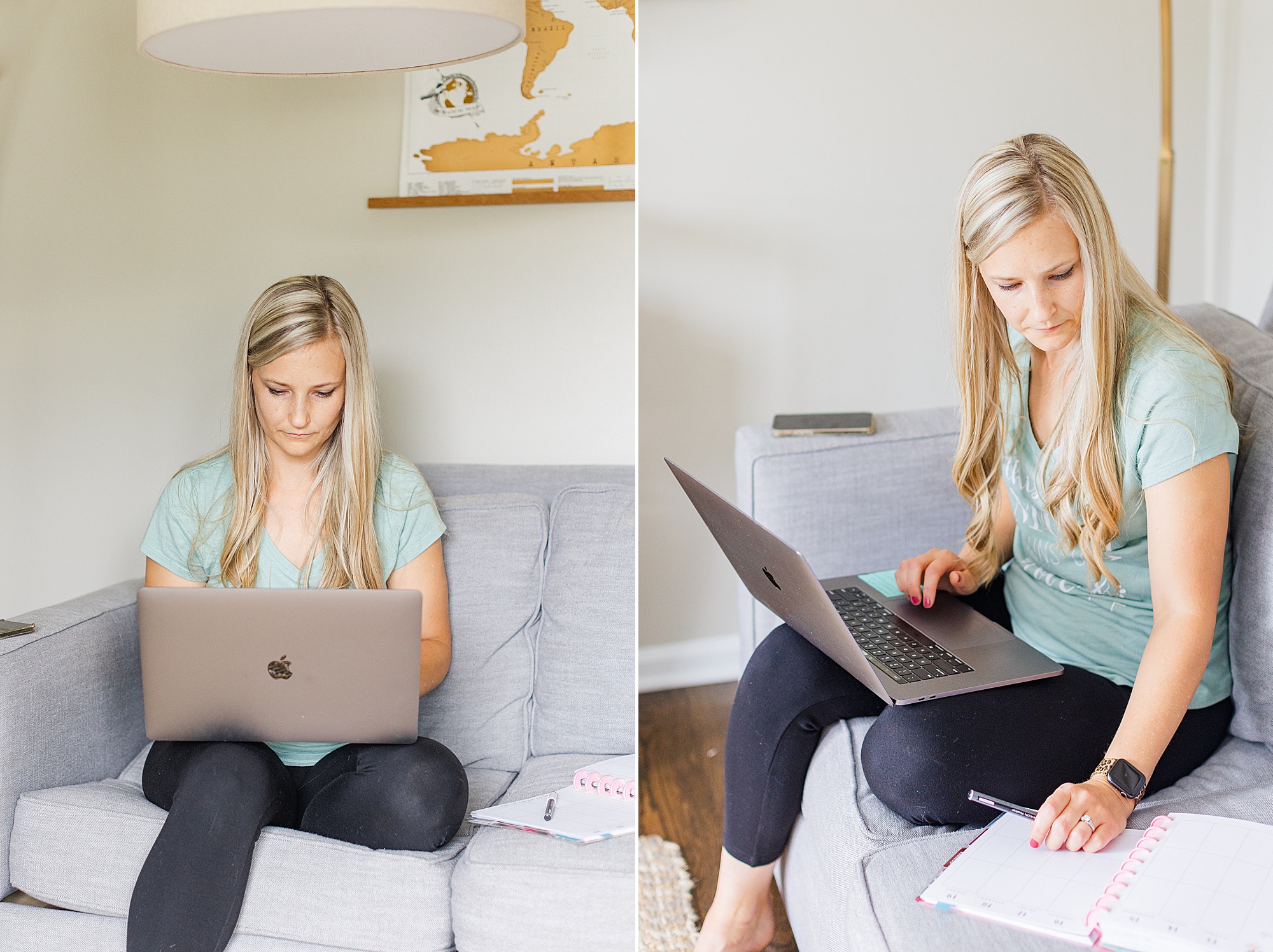 photographer works on laptop during at home branding session