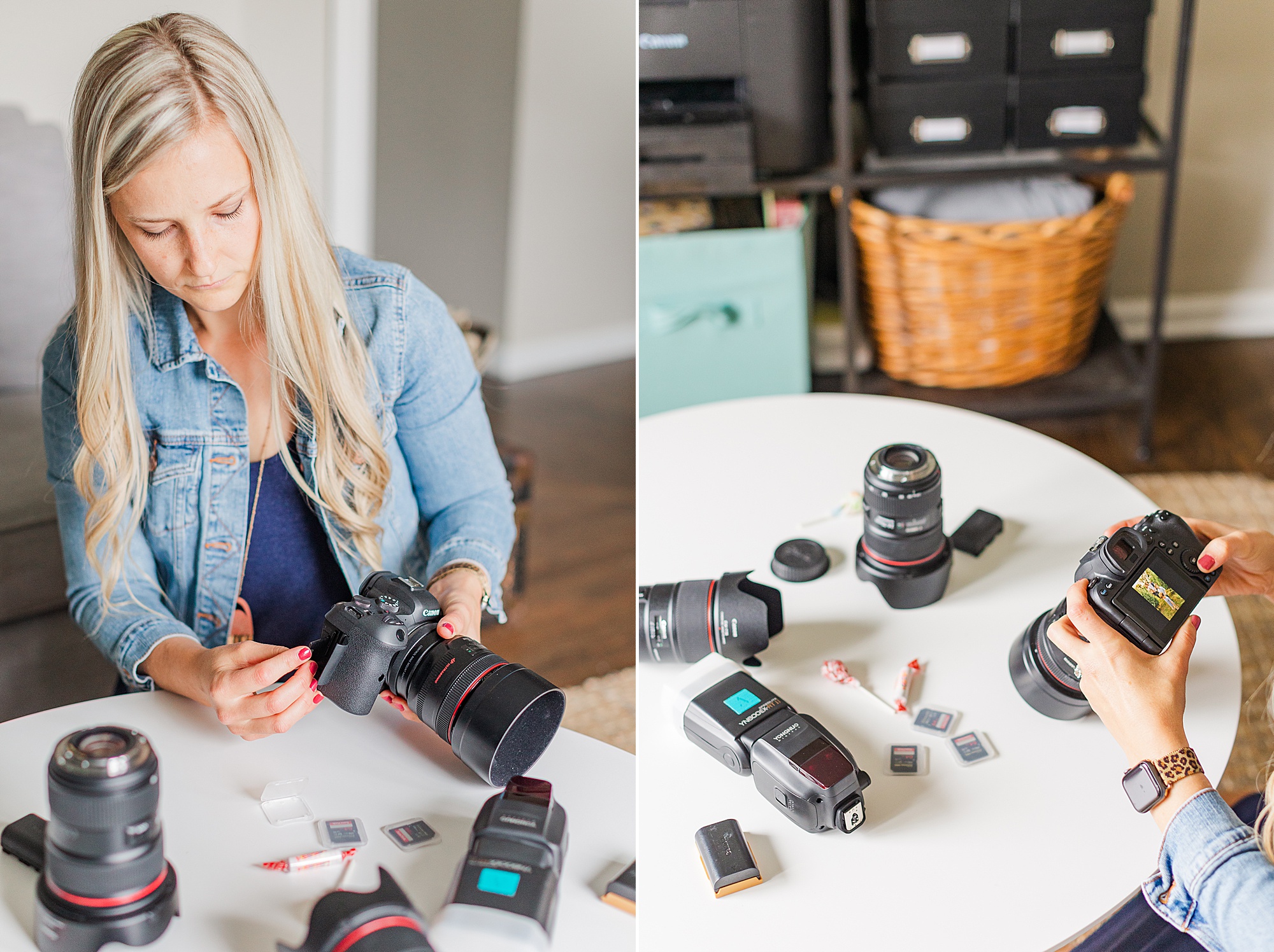 woman adjusts camera cards during branding photos