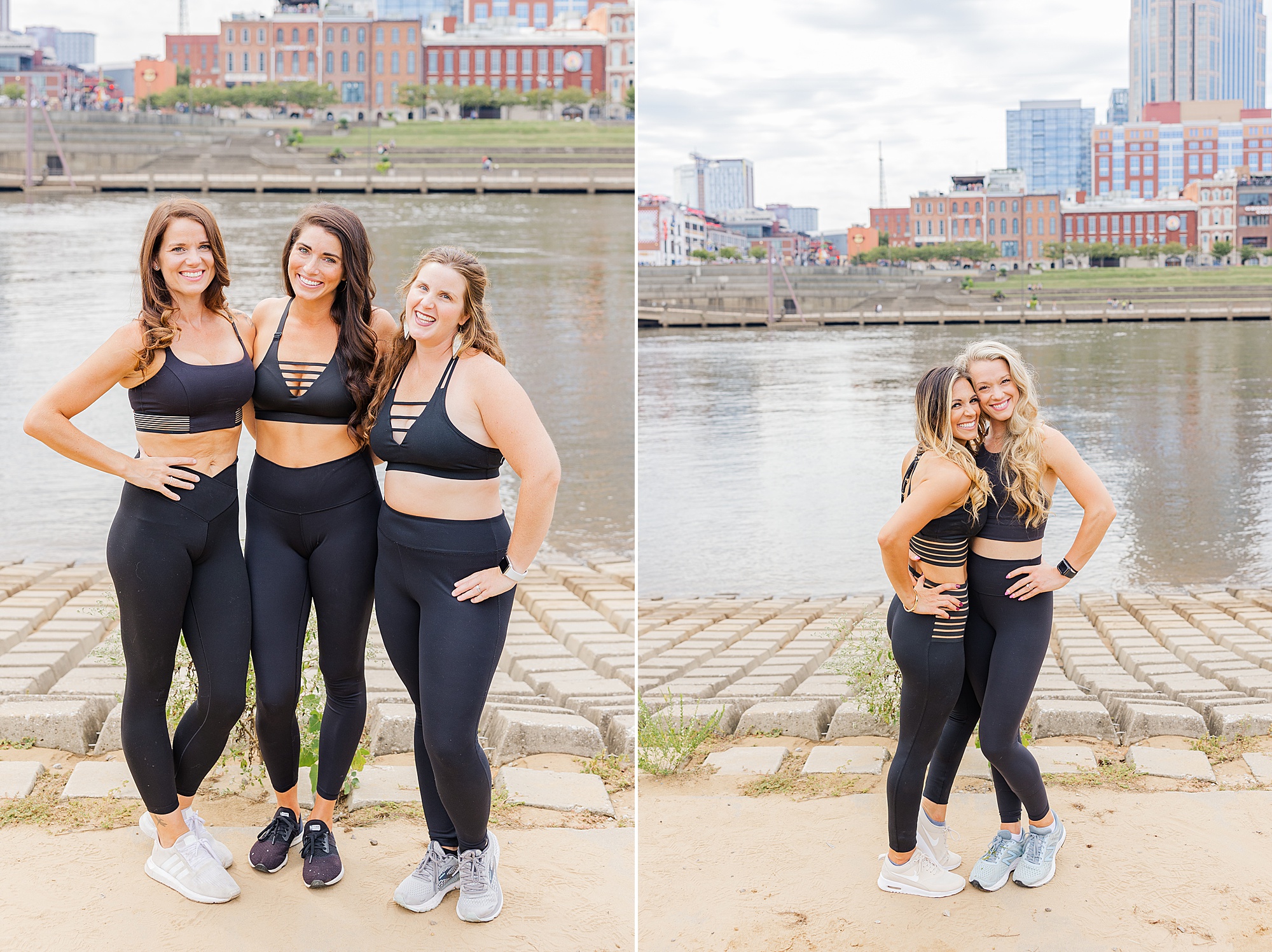 women pose by Tennessee river during fitness coach branding session