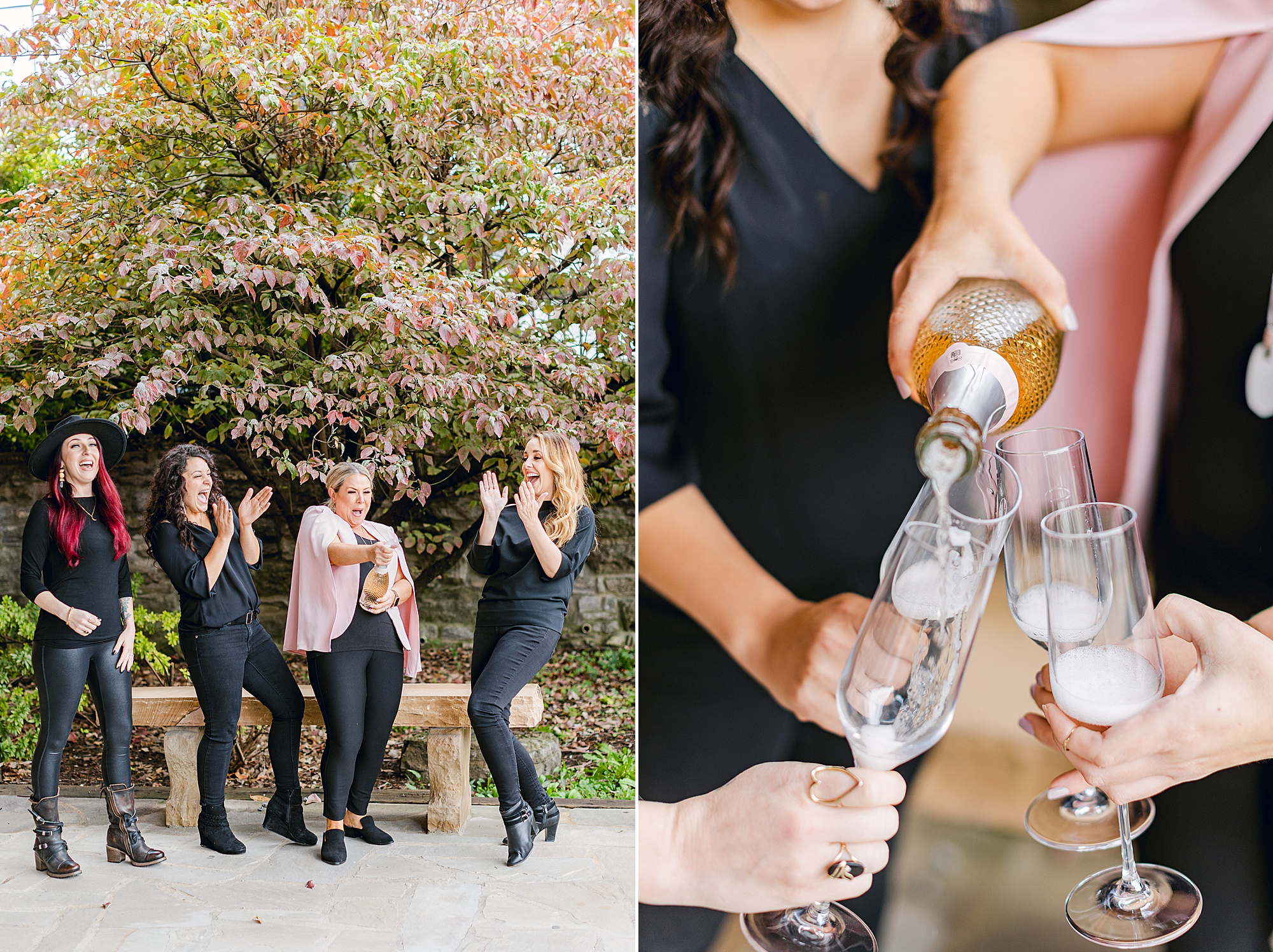 woman pours champagne for team during branding photos