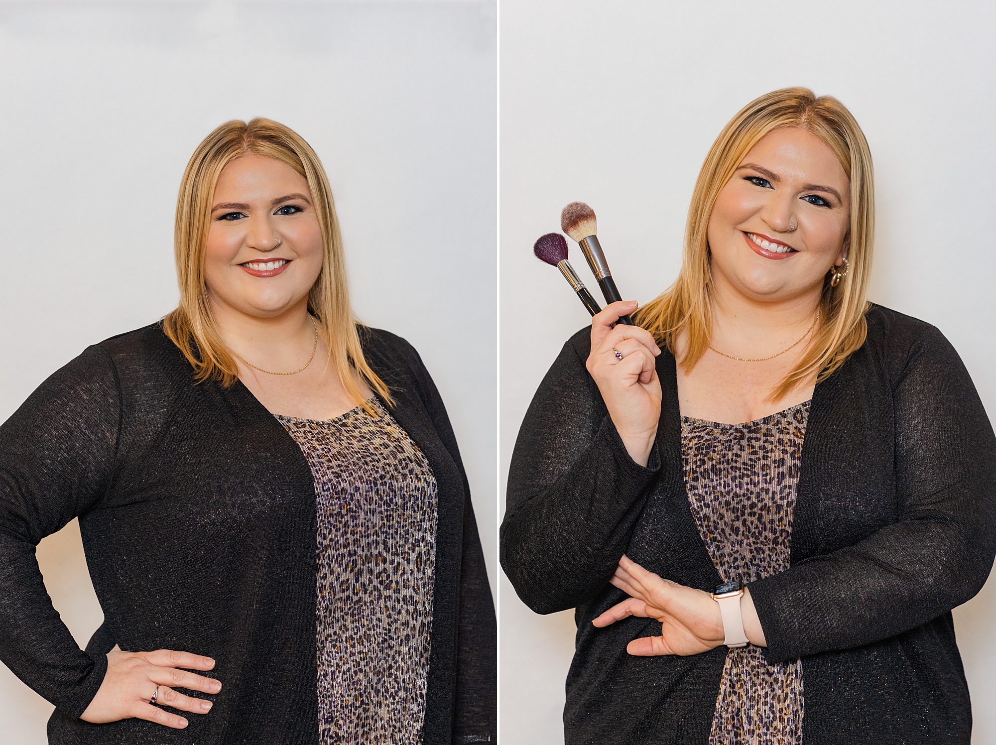 woman holds makeup brushes during TN branding photos
