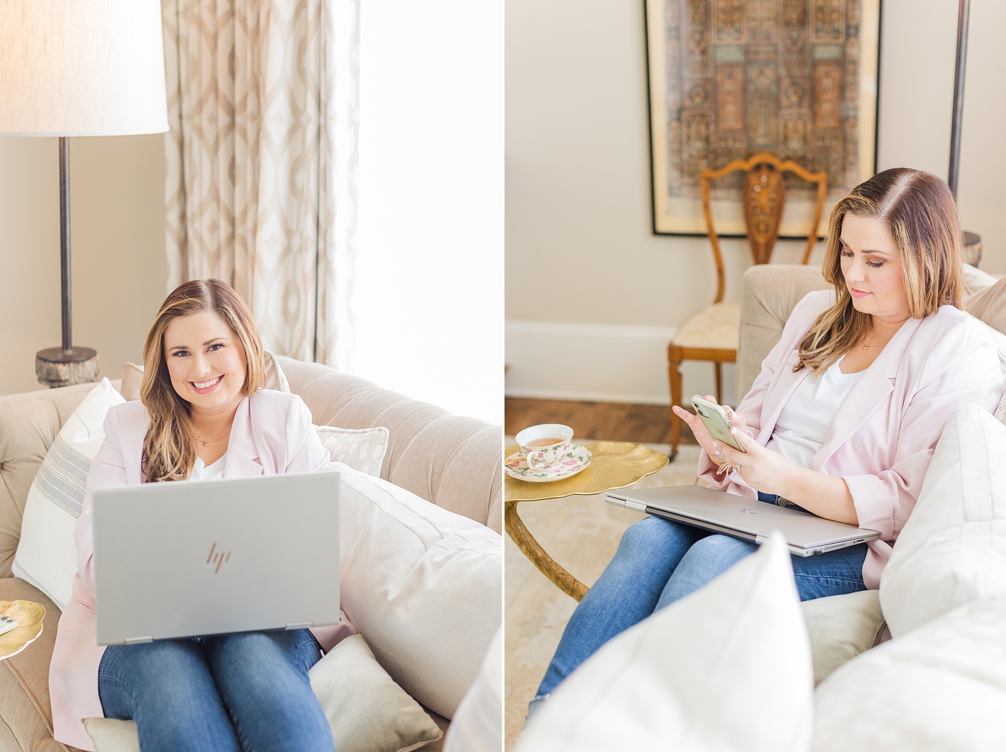 business owner sits on couch working during branding photos