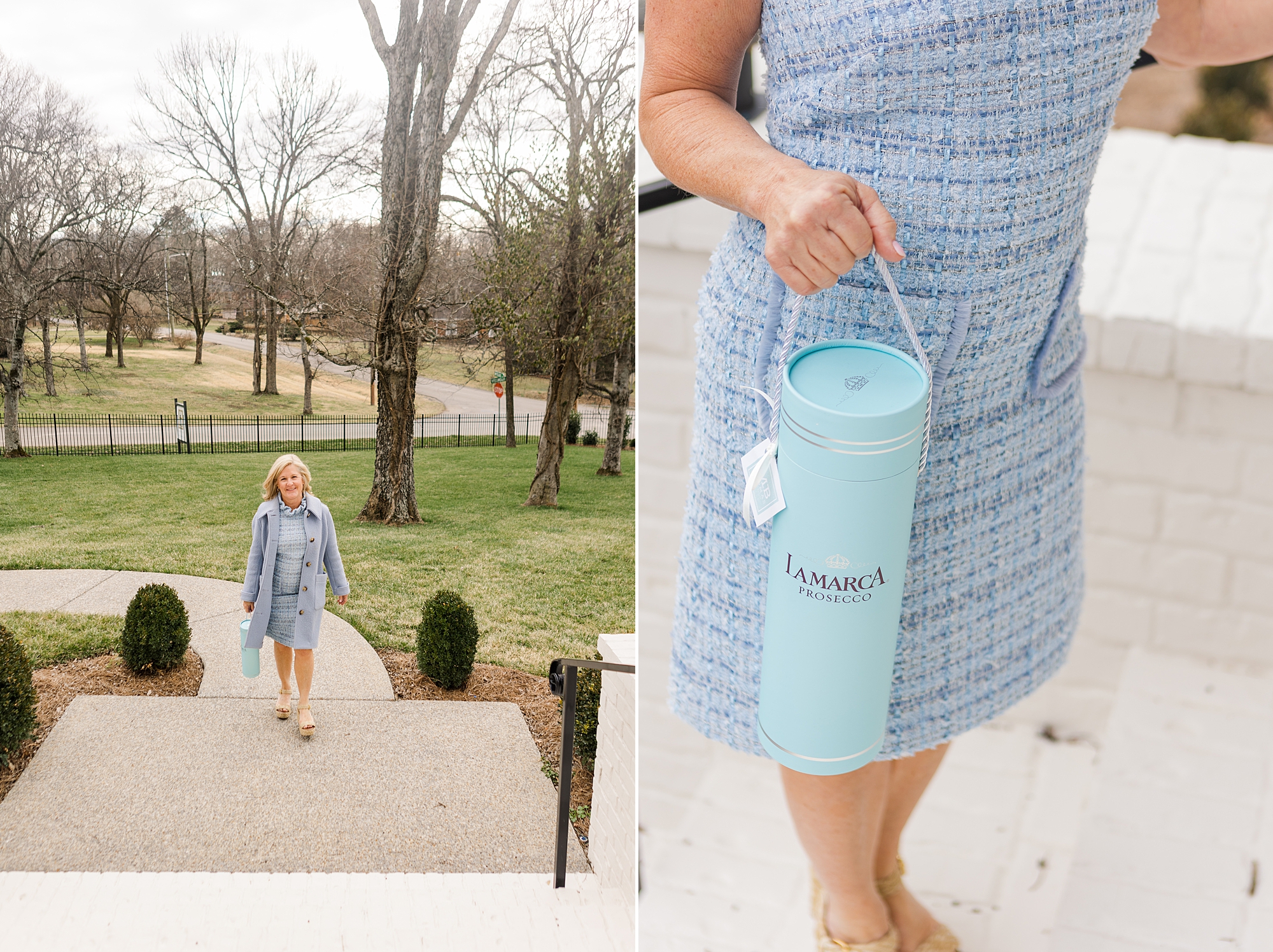 woman carries blue bottle box