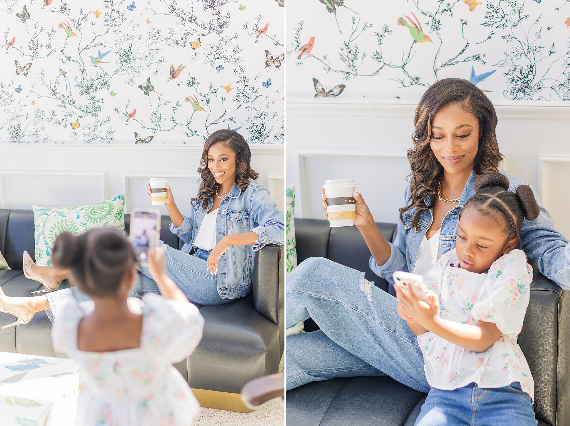 woman plays with daughter during branding photos