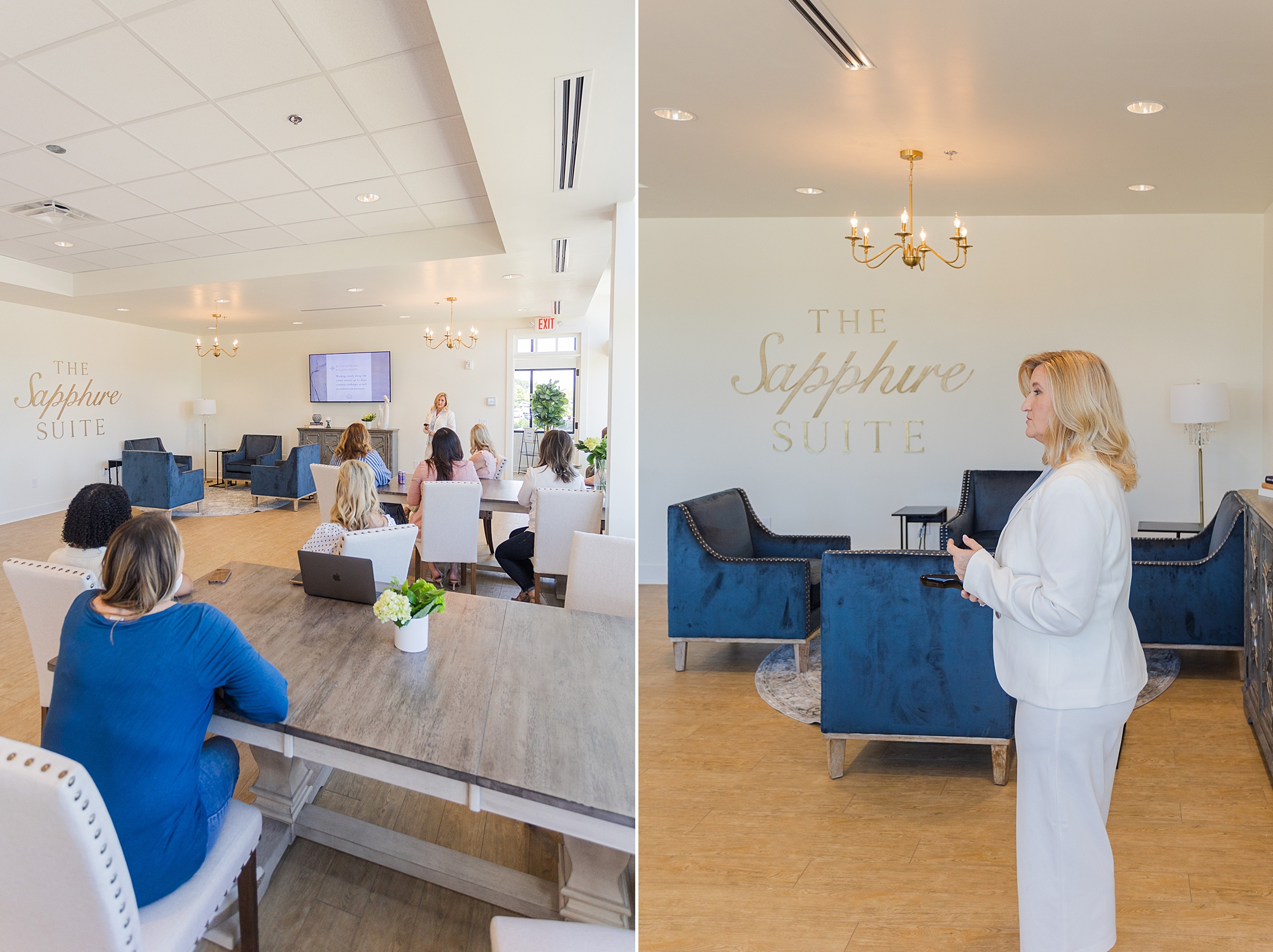 owner of The Sapphire Suite talks with woman co-working