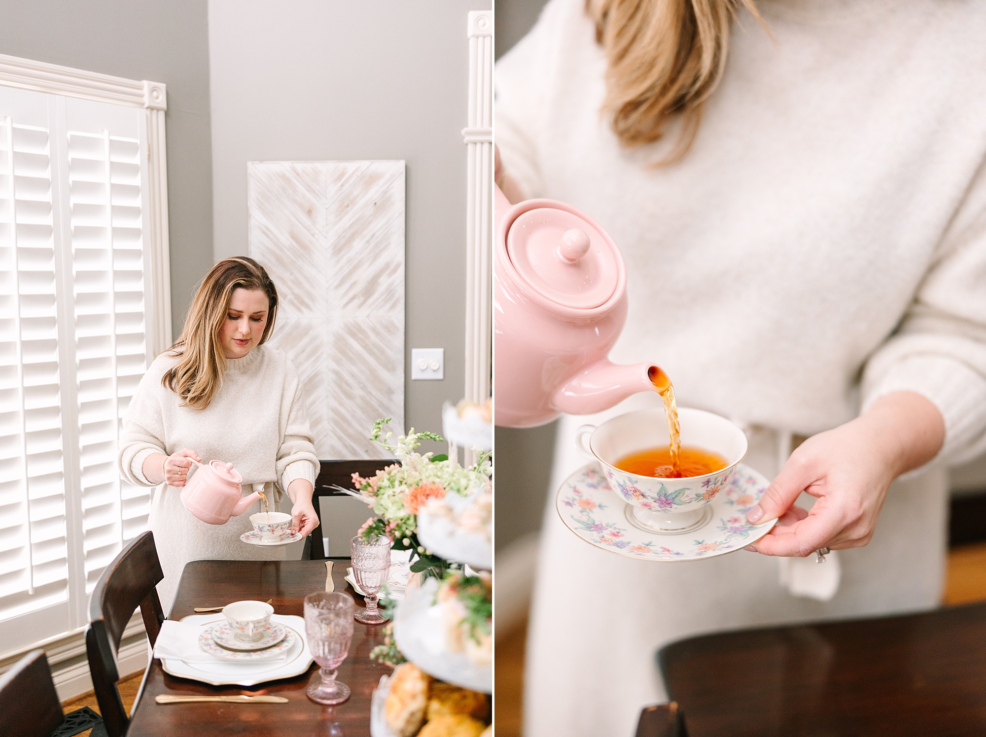 woman pours cup of tea during fall branding portraits