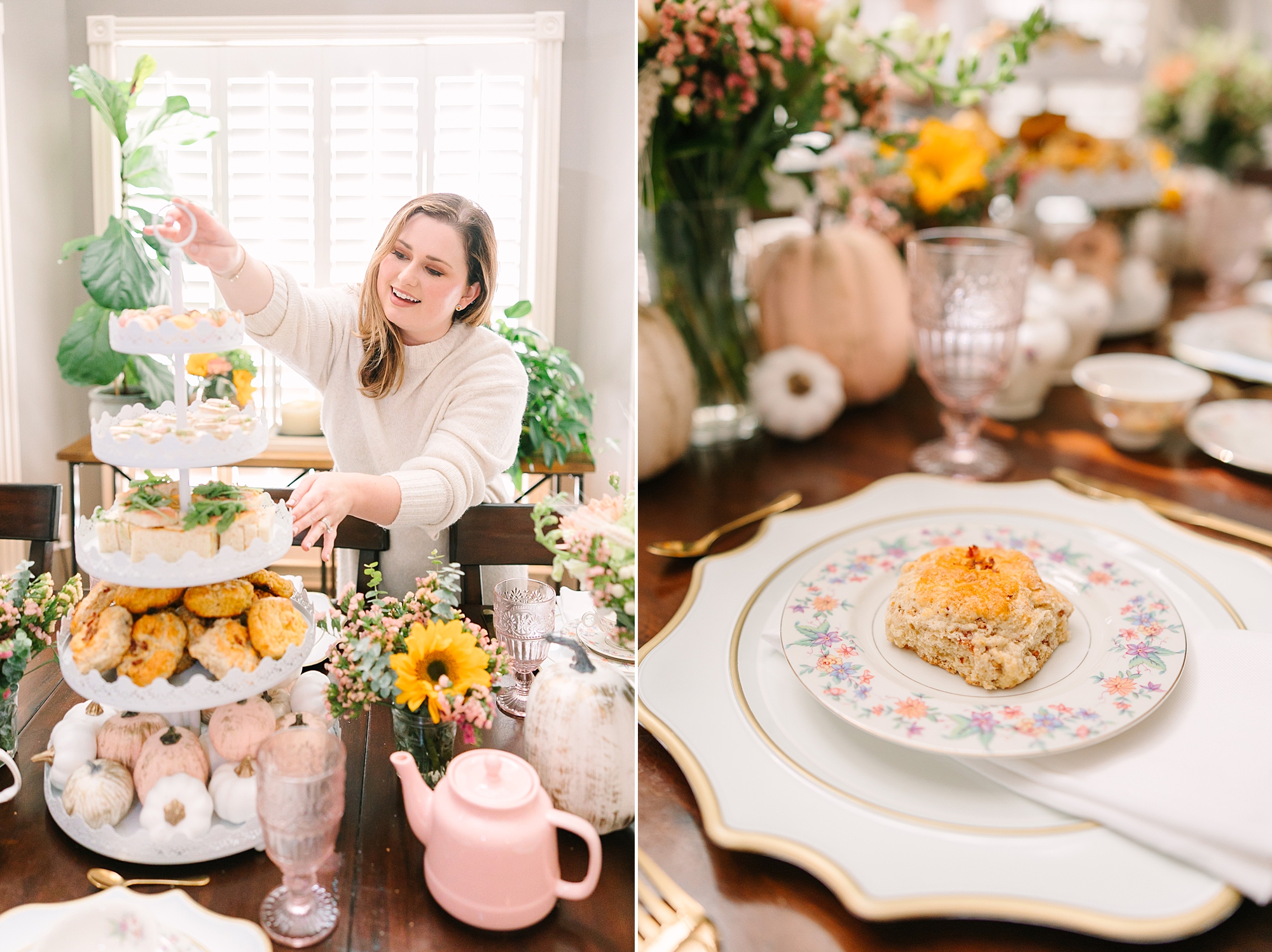 woman adjusts setup for fall tea party during portraits with Amy Allmand Photography