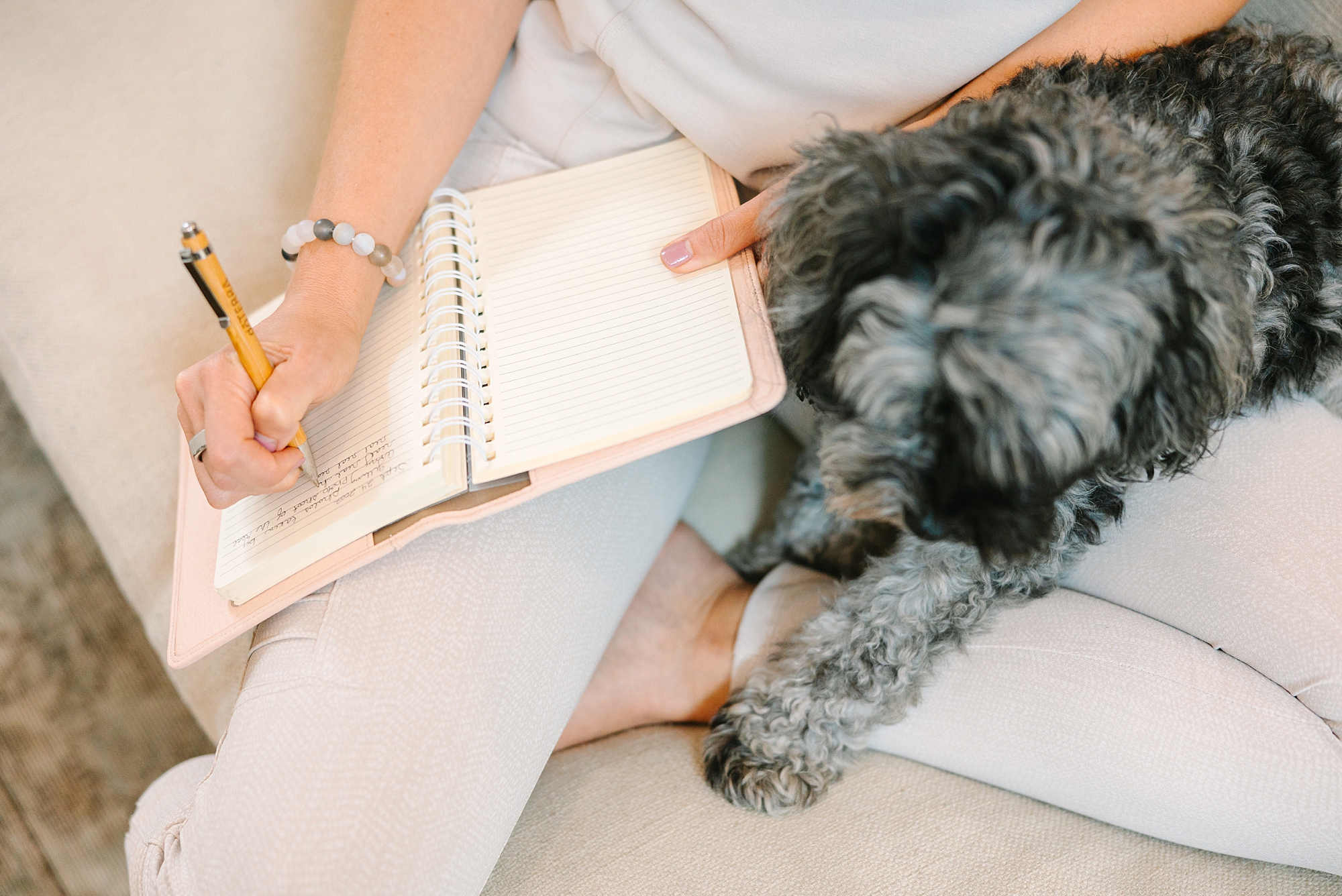 woman works on couch with dog next to her during Nashville branding portraits