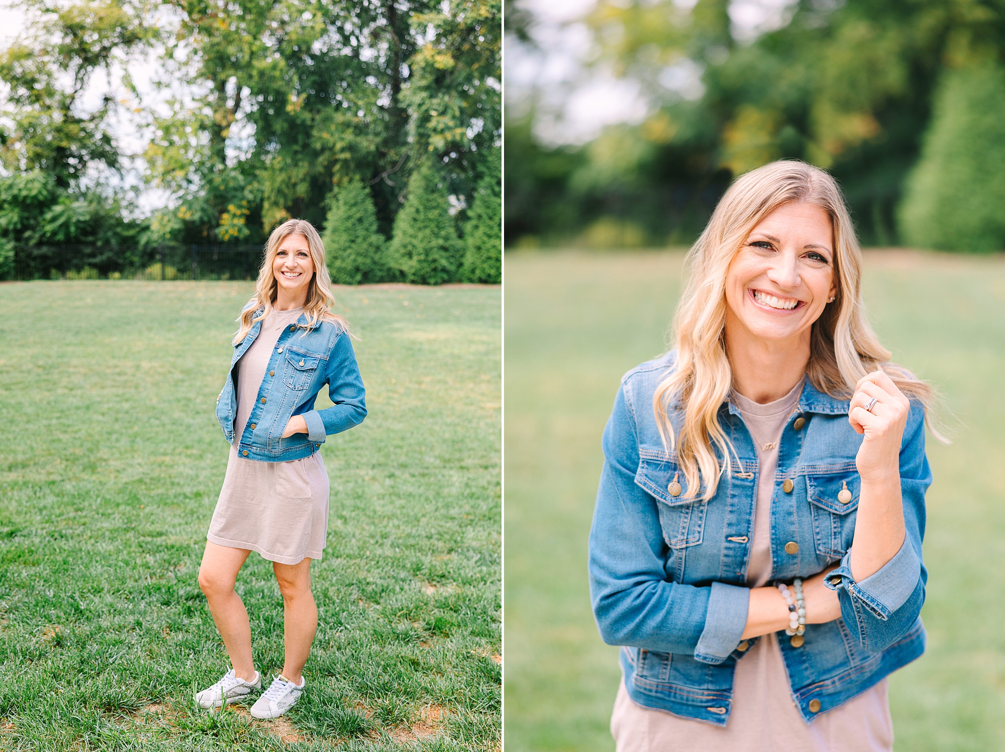 woman laughs standing in backyard wearing jean jacket