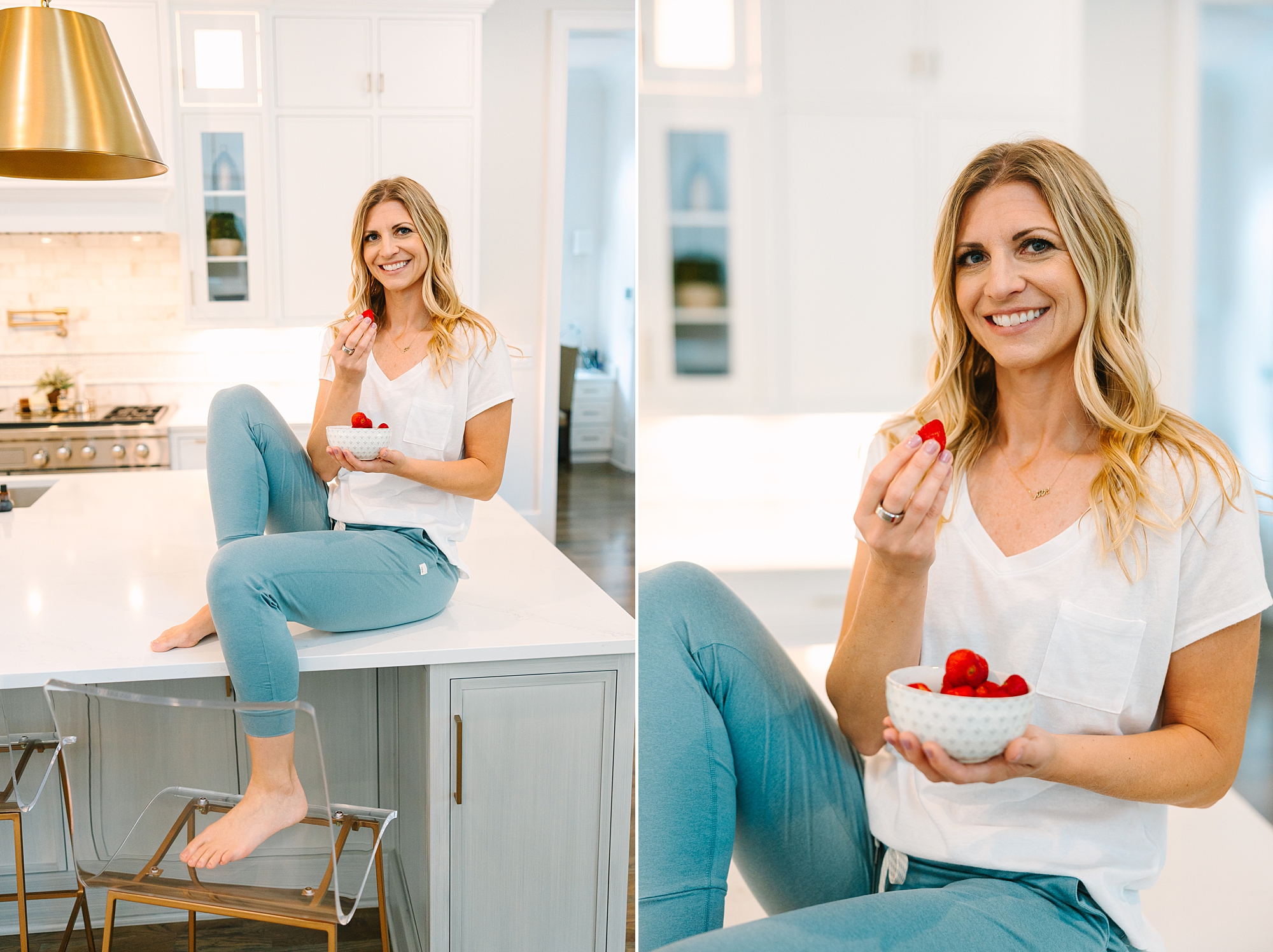 health coach sits in kitchen eating raspberries