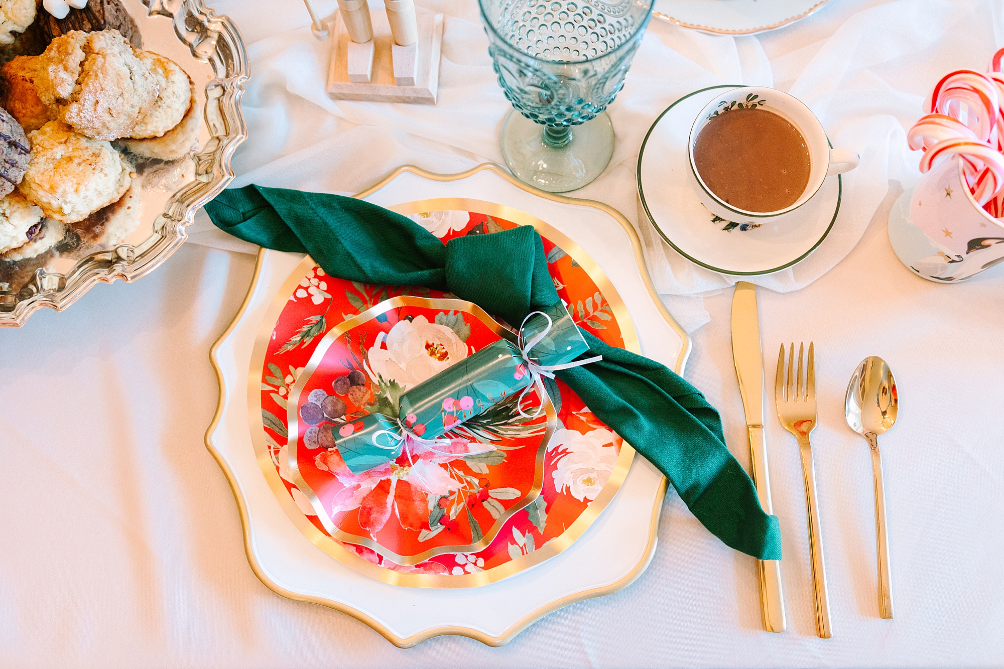 red and green place settings for holiday tea party