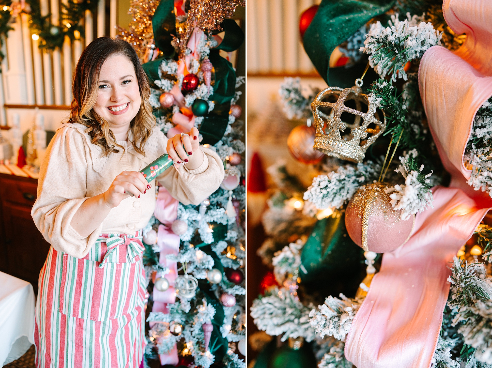 woman holds holiday popper next to Christmas tree