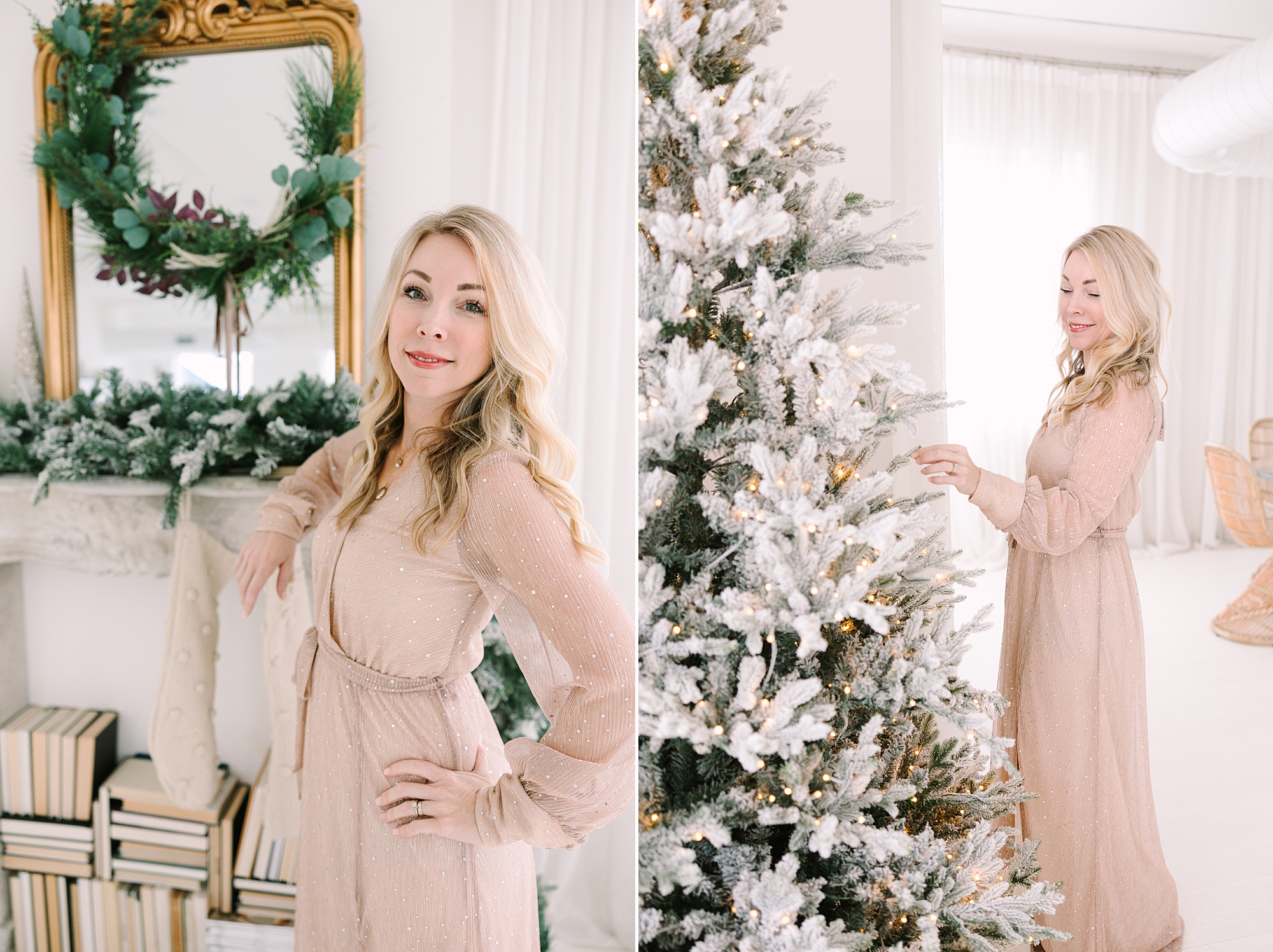 blonde woman poses in tan dress by Christmas tree at Studio Blanc in Nashville, TN