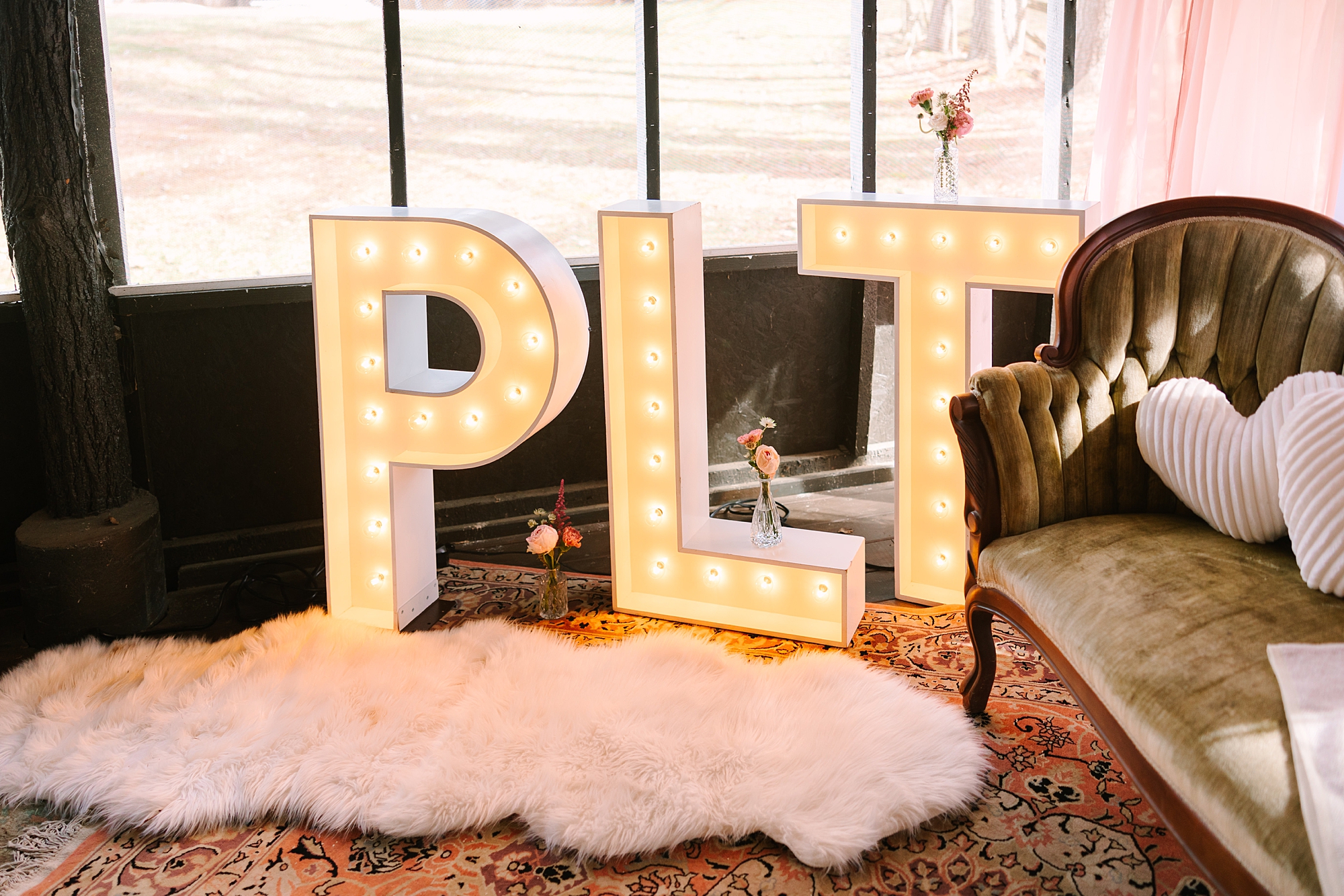 marquee letters PLT for tea party at Magnolia Acres