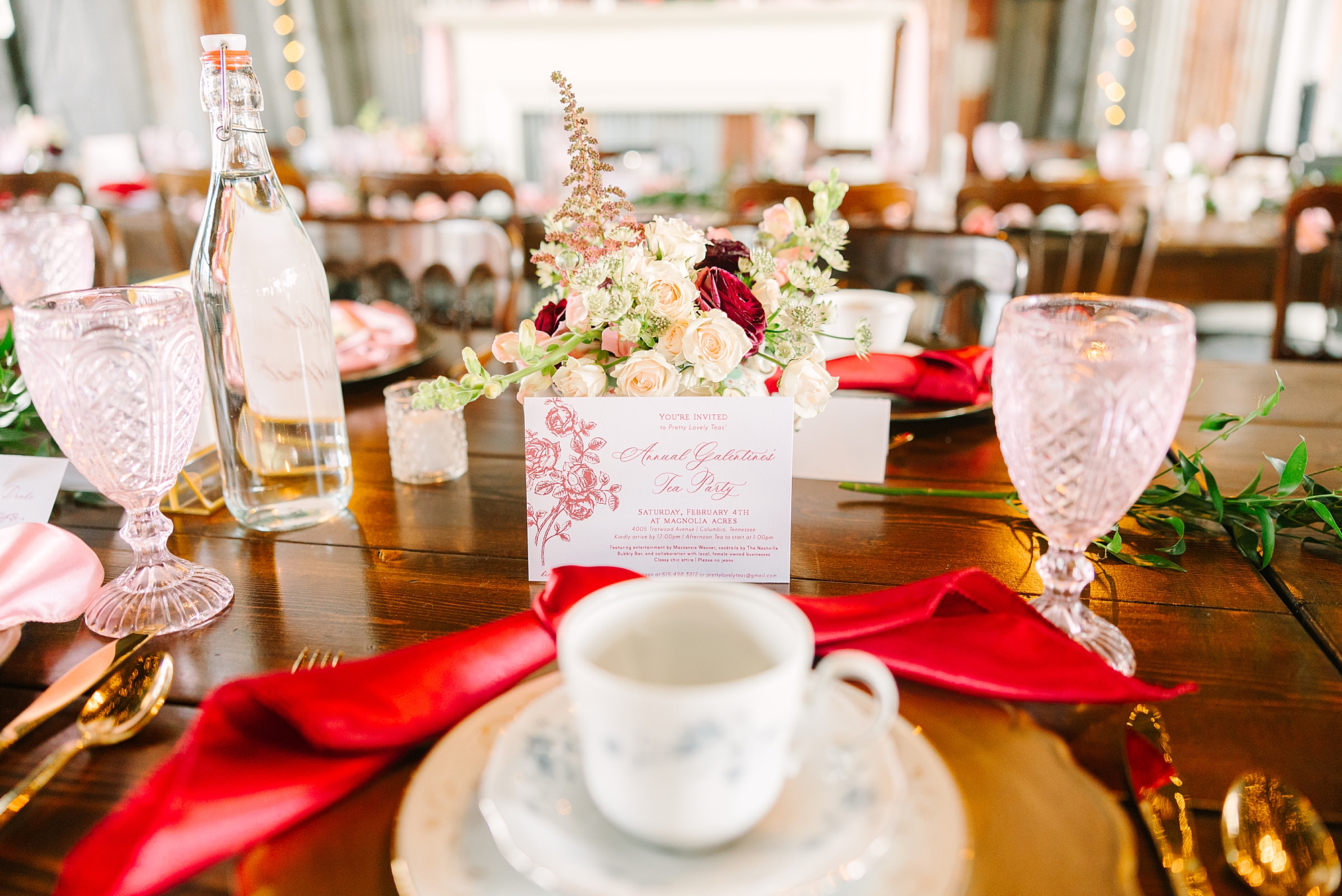 place settings for Galentine's Day Tea Party with vintage pink glasses
