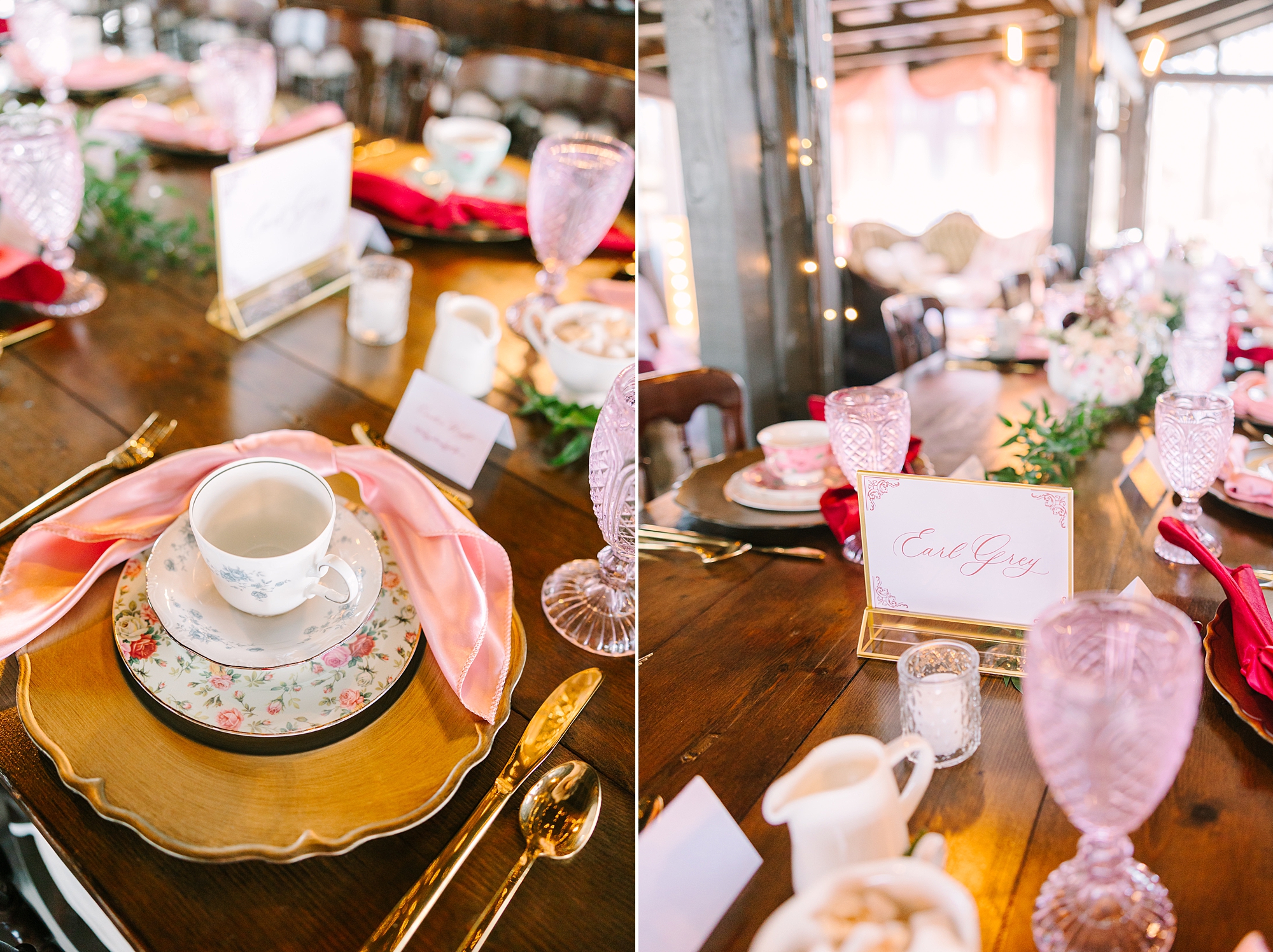 tea cups sit on gold chargers with pink napkins