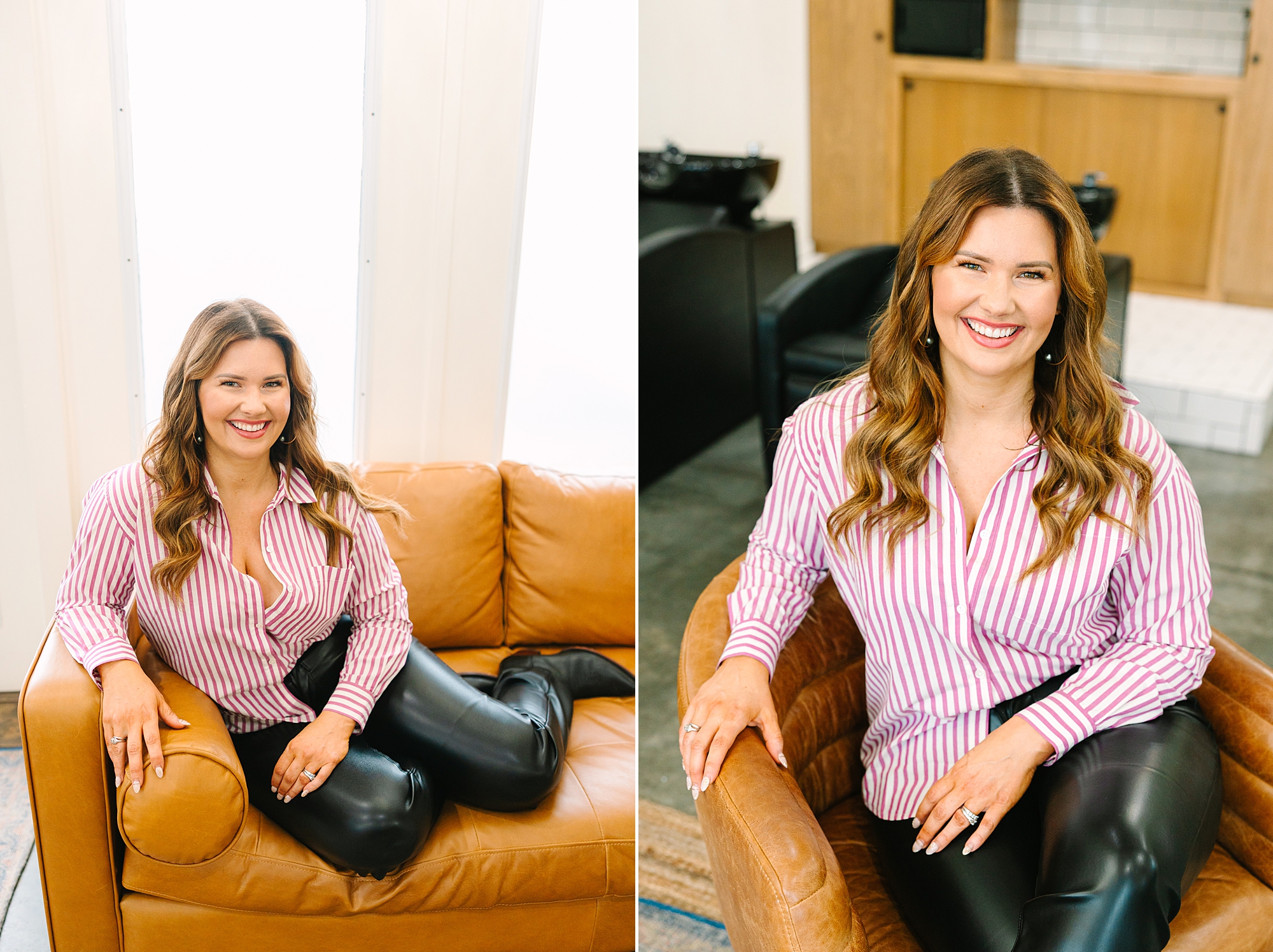 salon owner in pink shirt sits on leather couch in studio