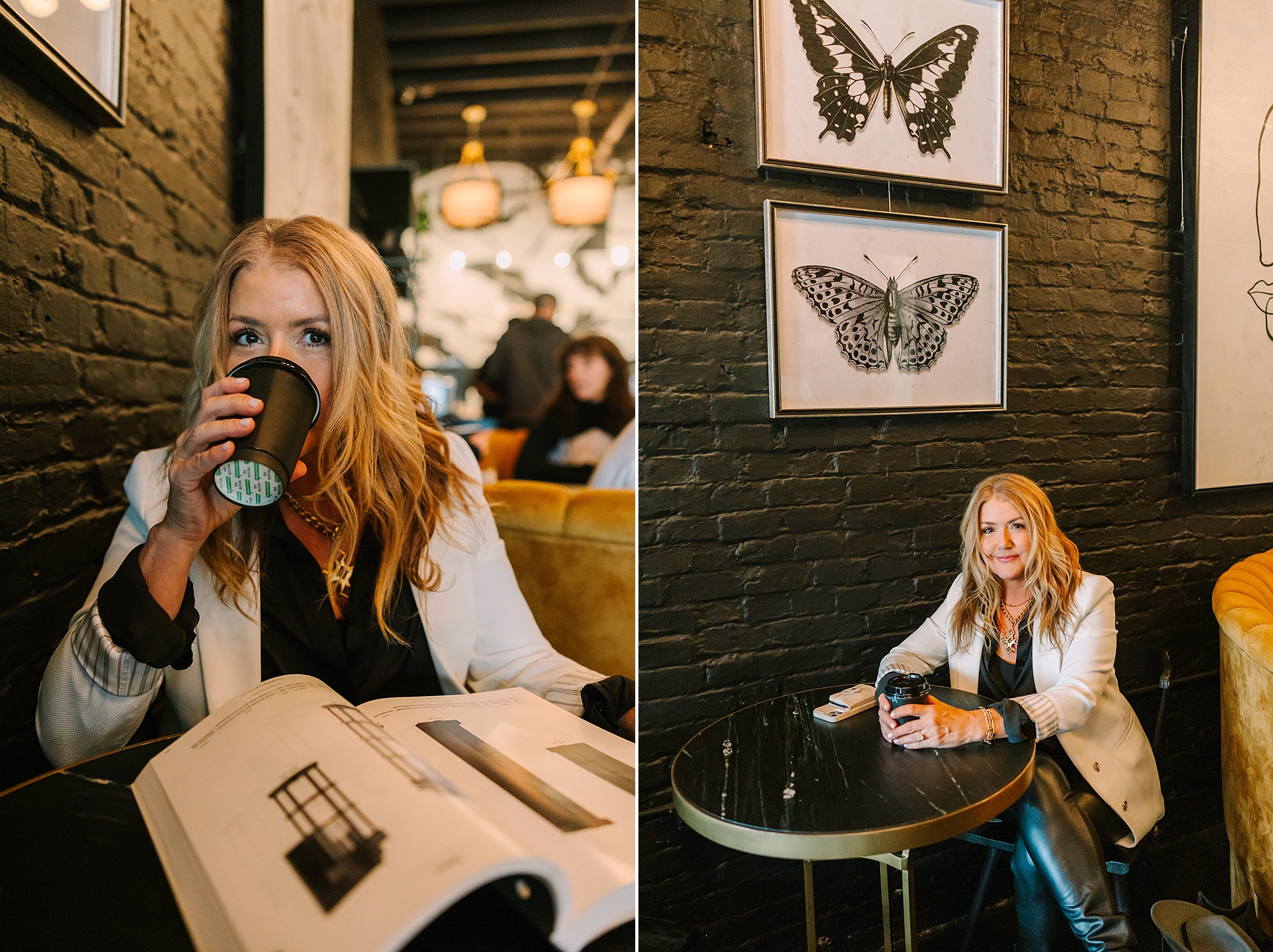 woman drinks coffee and looks at design magazine in Downtown Franklin coffee shop