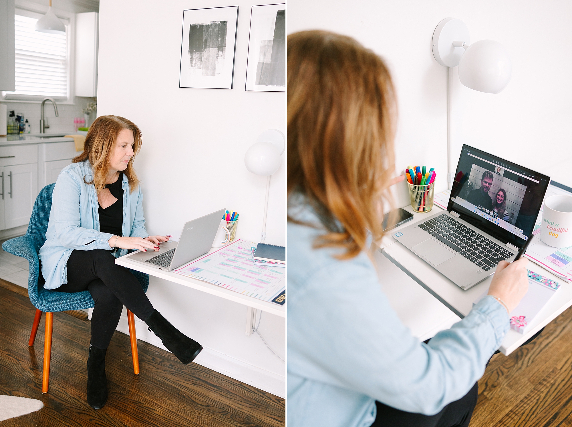 woman works on laptop during branding photos in Nashville