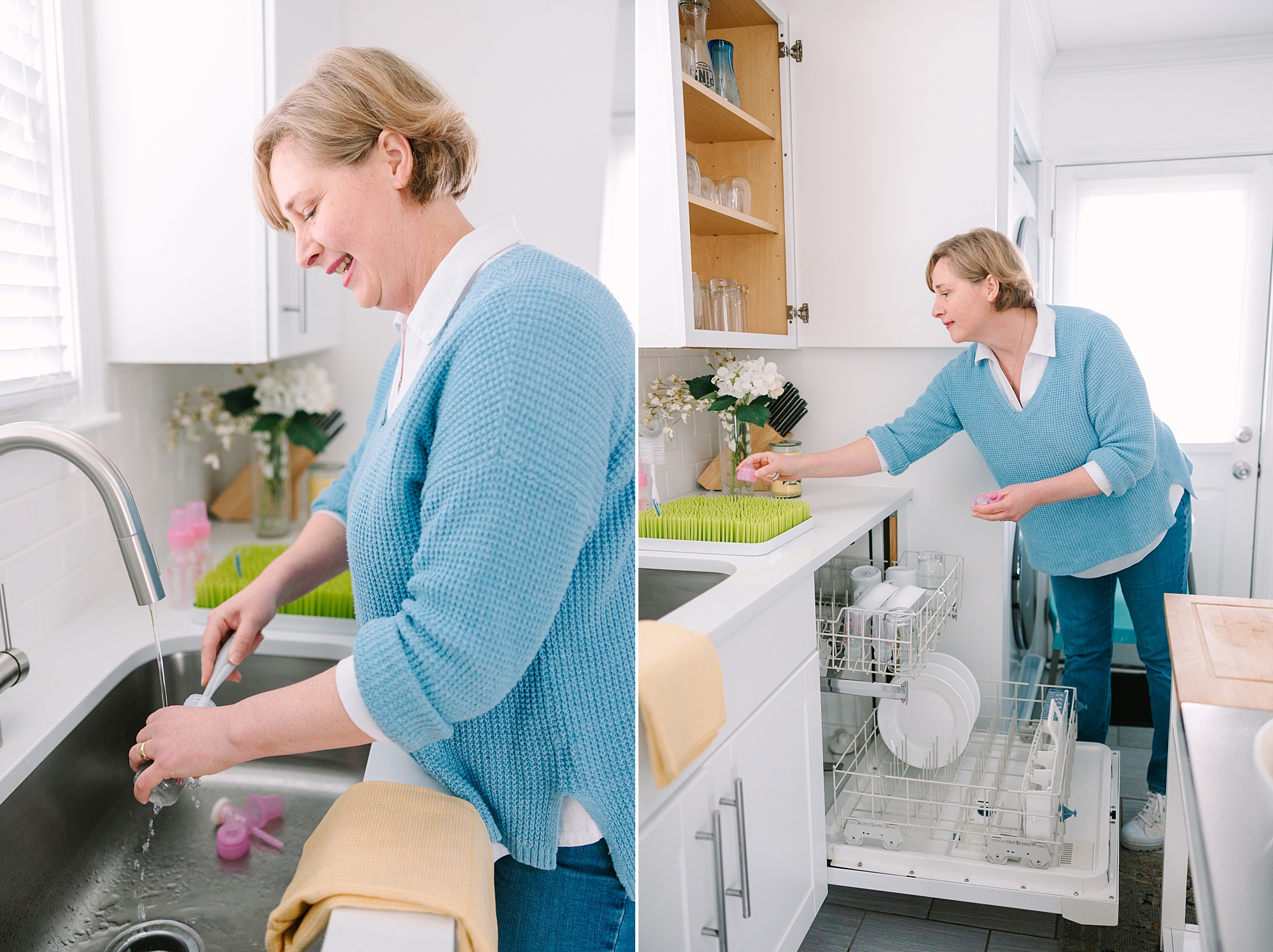 woman washes bottles and baby products during branding photos