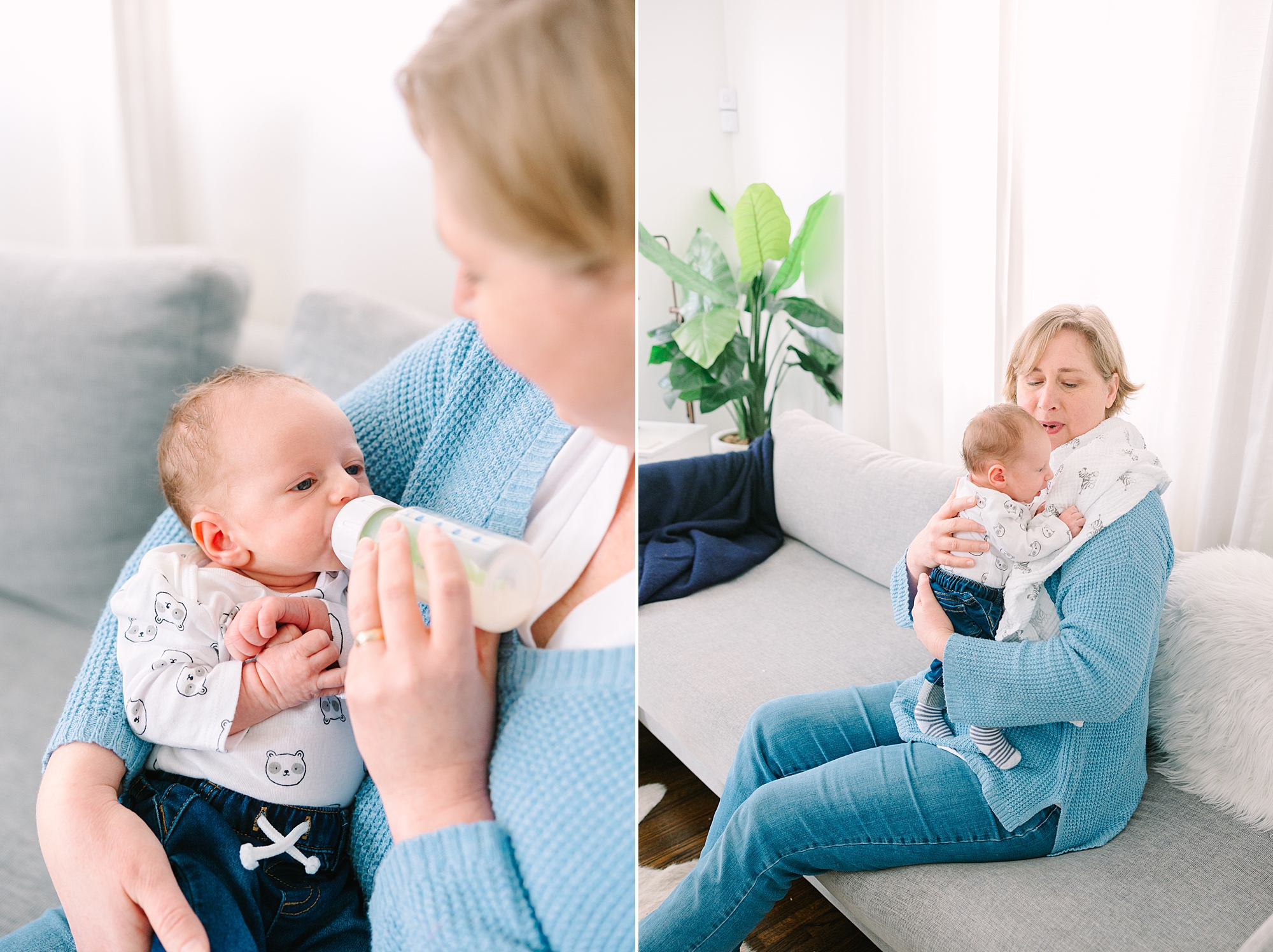 doula helps feed baby on couch during Nashville branding session