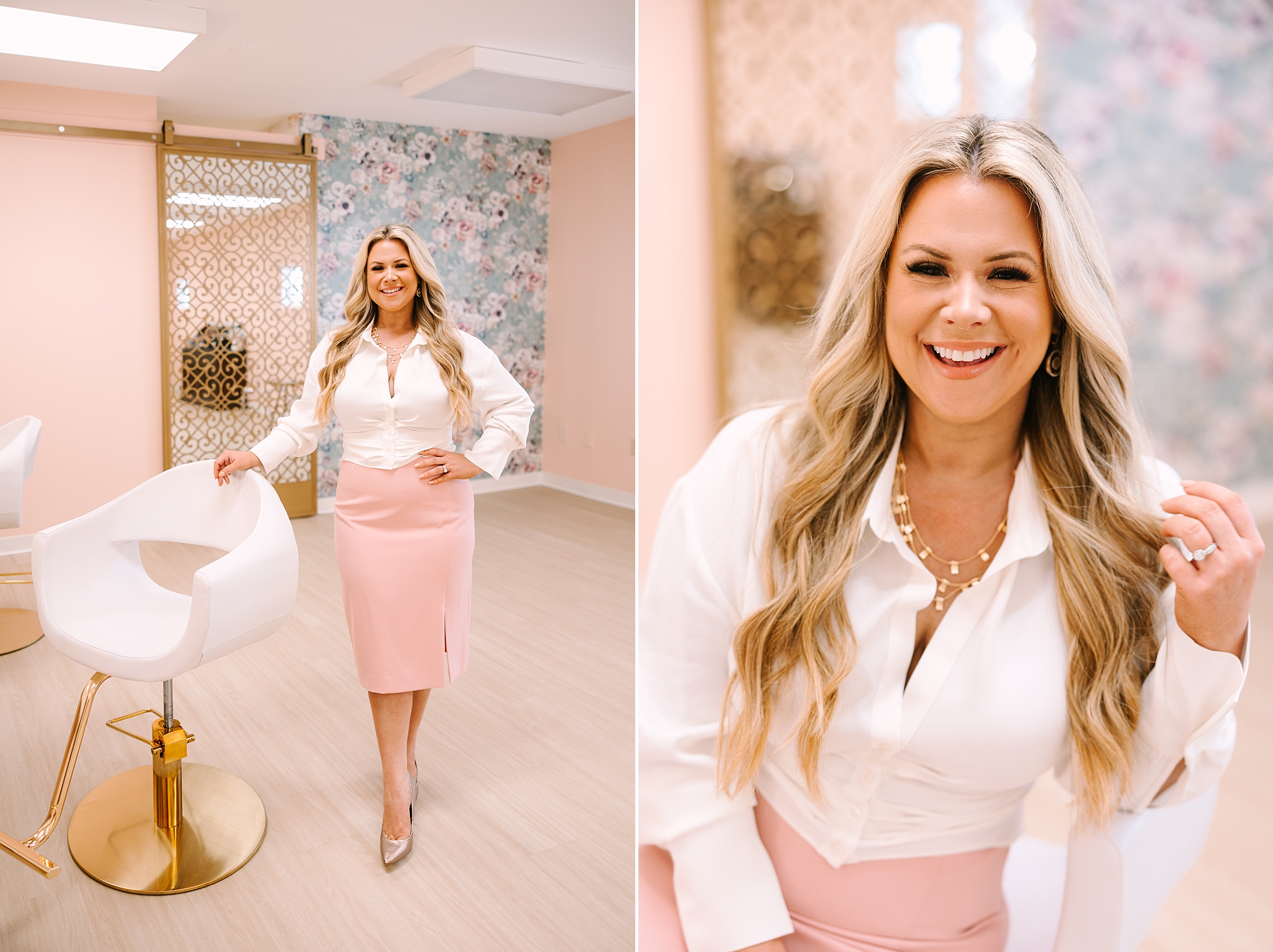 blonde woman in pink skirt laughs during MHD Beauty Parlor branding session