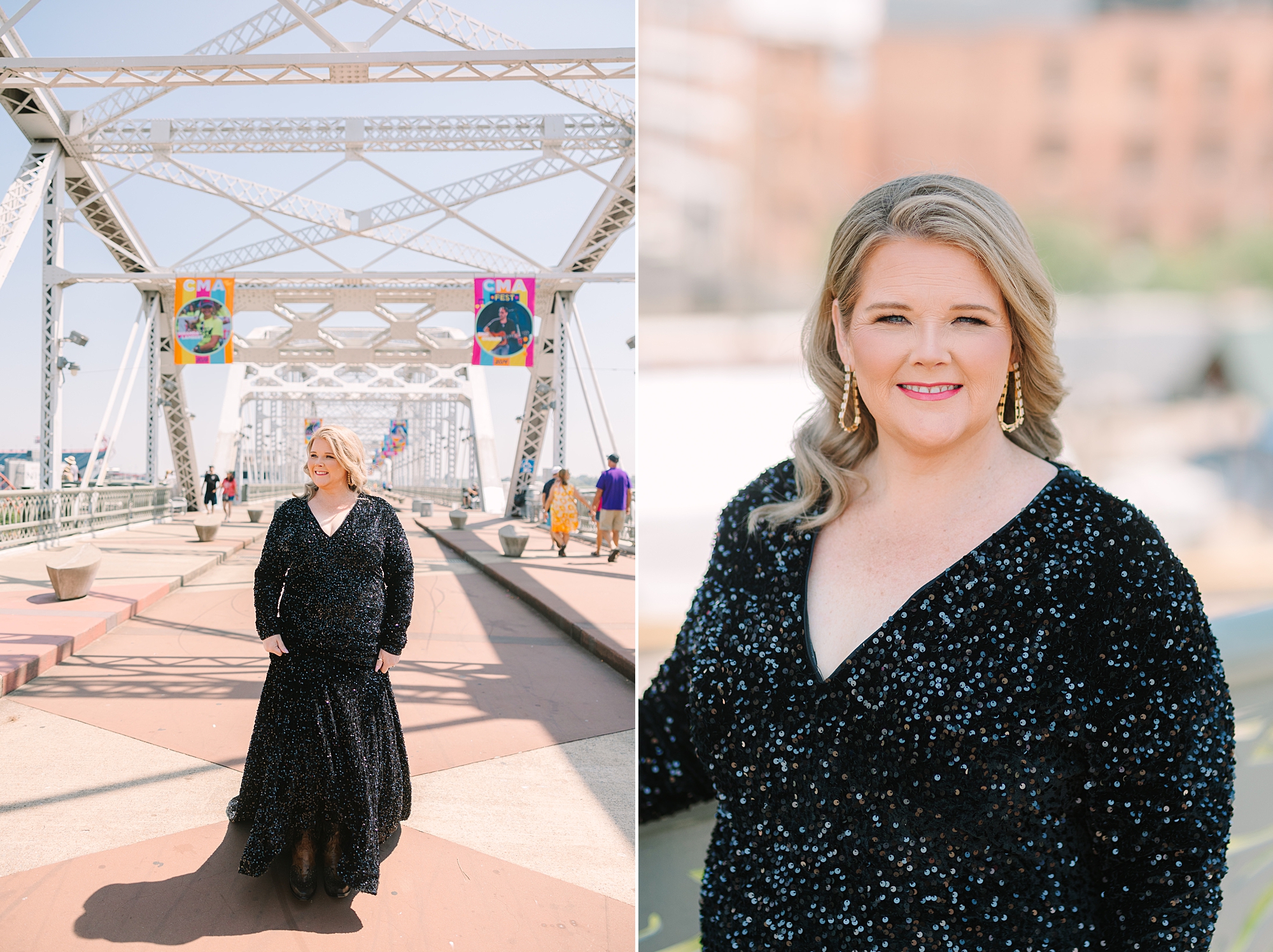 portraits of blonde woman on the Downtown Nashville pedestrian bridge