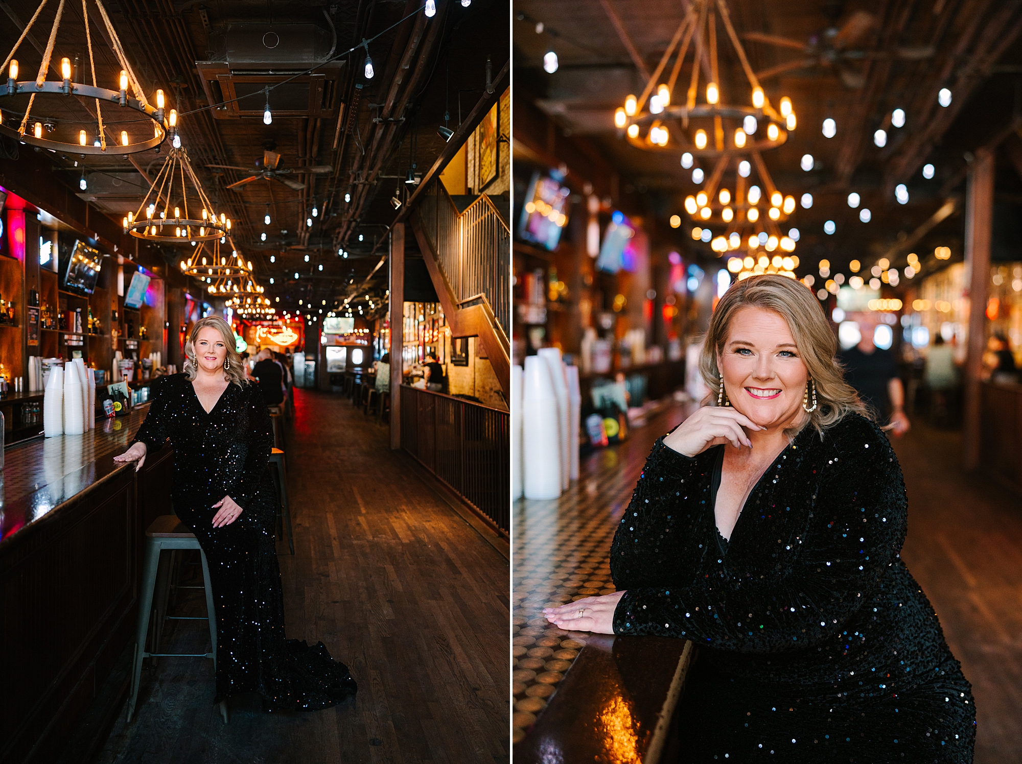 blonde woman leans on honky tonk bar in glamorous black gown