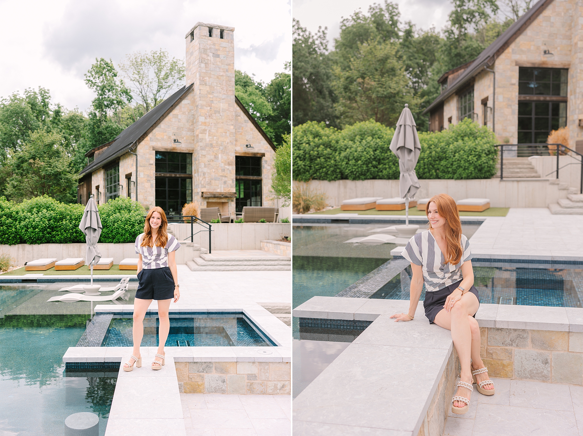 woman sits by edge of pool during Nolensville TN branding session for wardrobe stylists