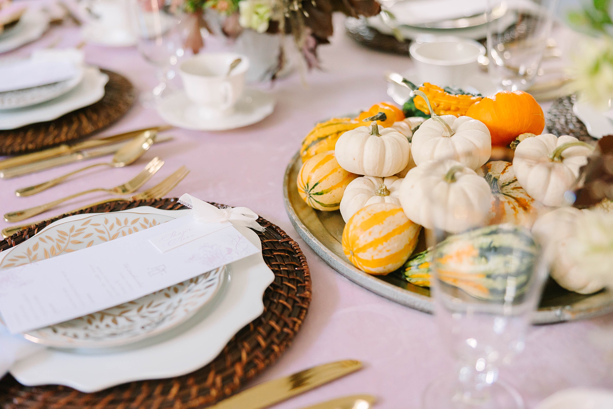 place setting with pumpkin centerpiece for fall and Thanksgiving inspired tea by Pretty Lovely Teas