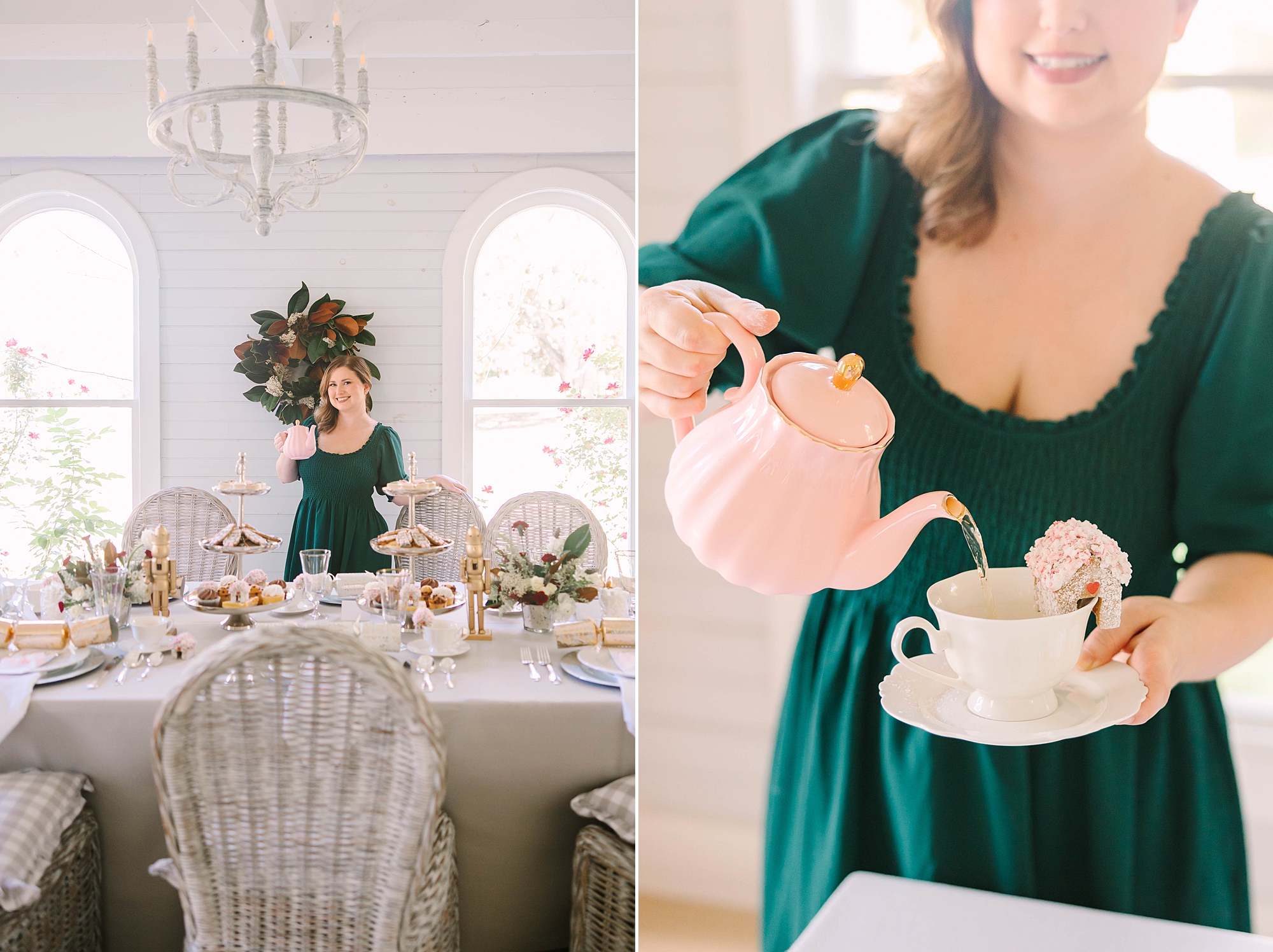 woman in green dress pours tea out of pink teapot during Christmas branding photos for Pretty Lovely Teas