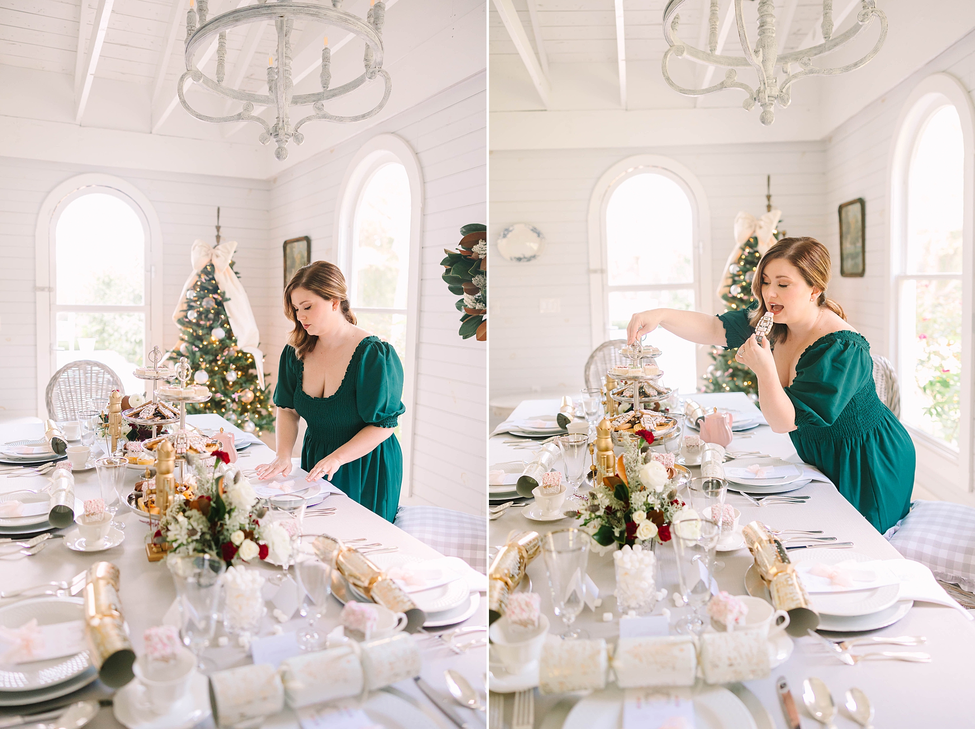 woman in green dress pours tea during Nutcracker tea with Pretty Lovely Teas