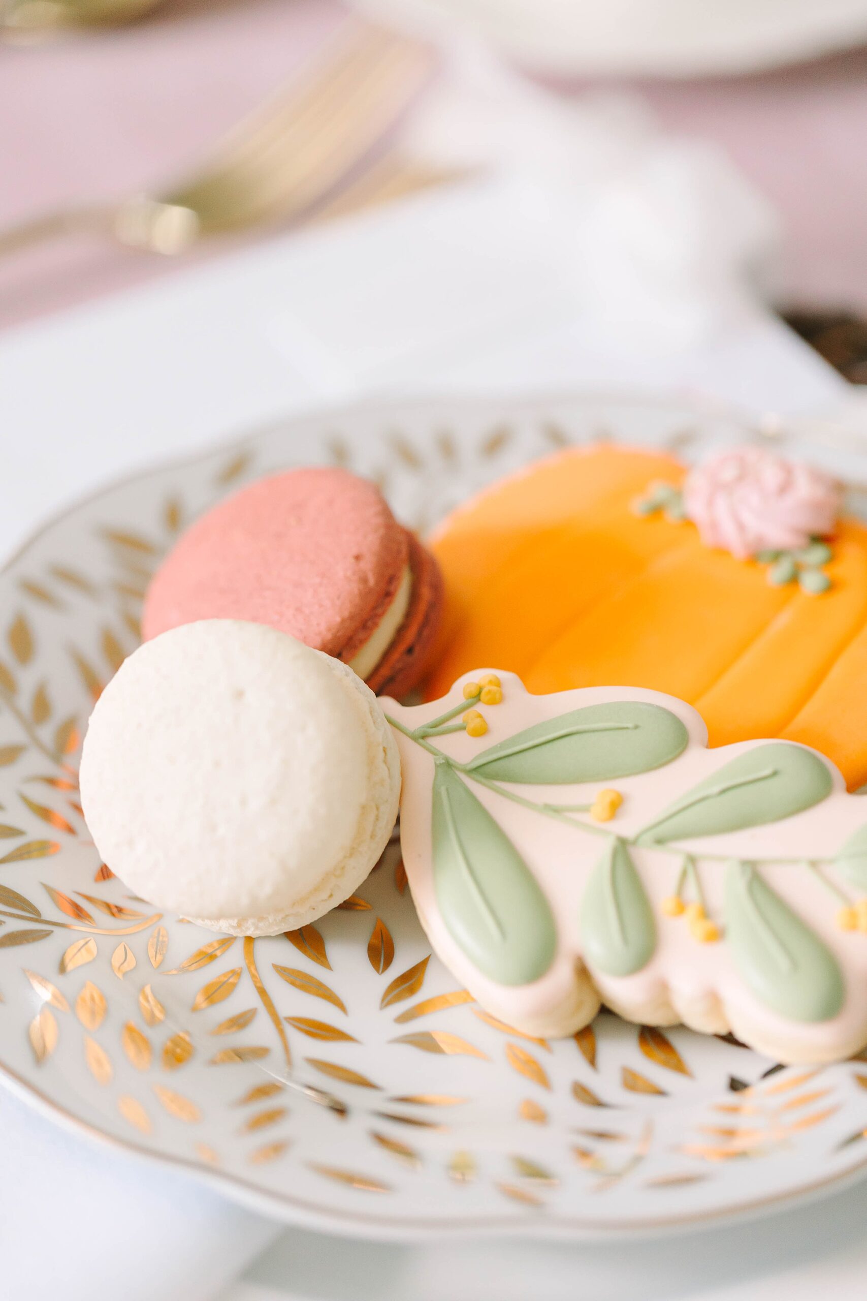 pumpkin shaped cookie and macaroons for fall and Thanksgiving inspired tea by Pretty Lovely Teas