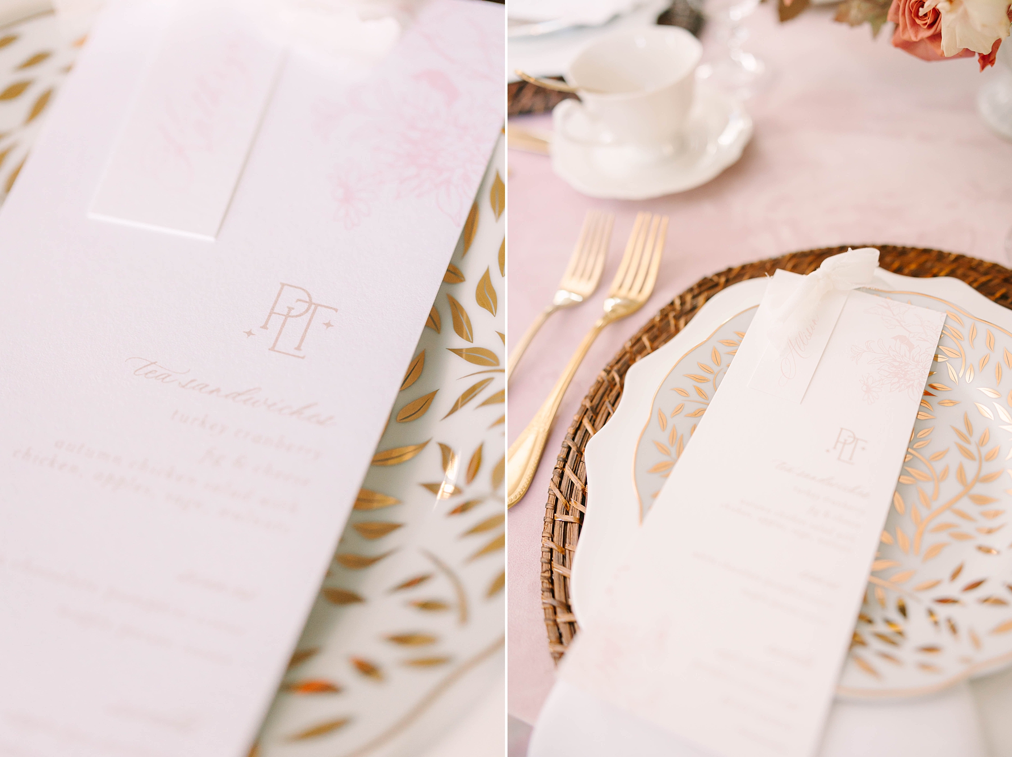 pink, white, and burgundy place setting details for fall and Thanksgiving inspired tea by Pretty Lovely Teas