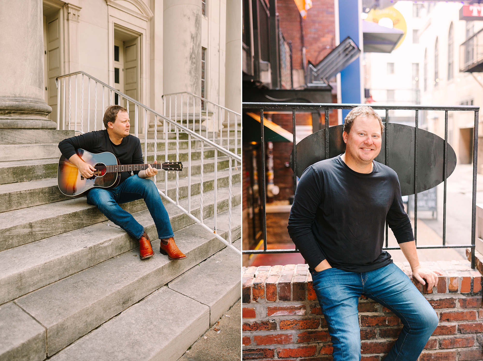 singer/songwriter sits on steps in Printer's Alley playing guitar