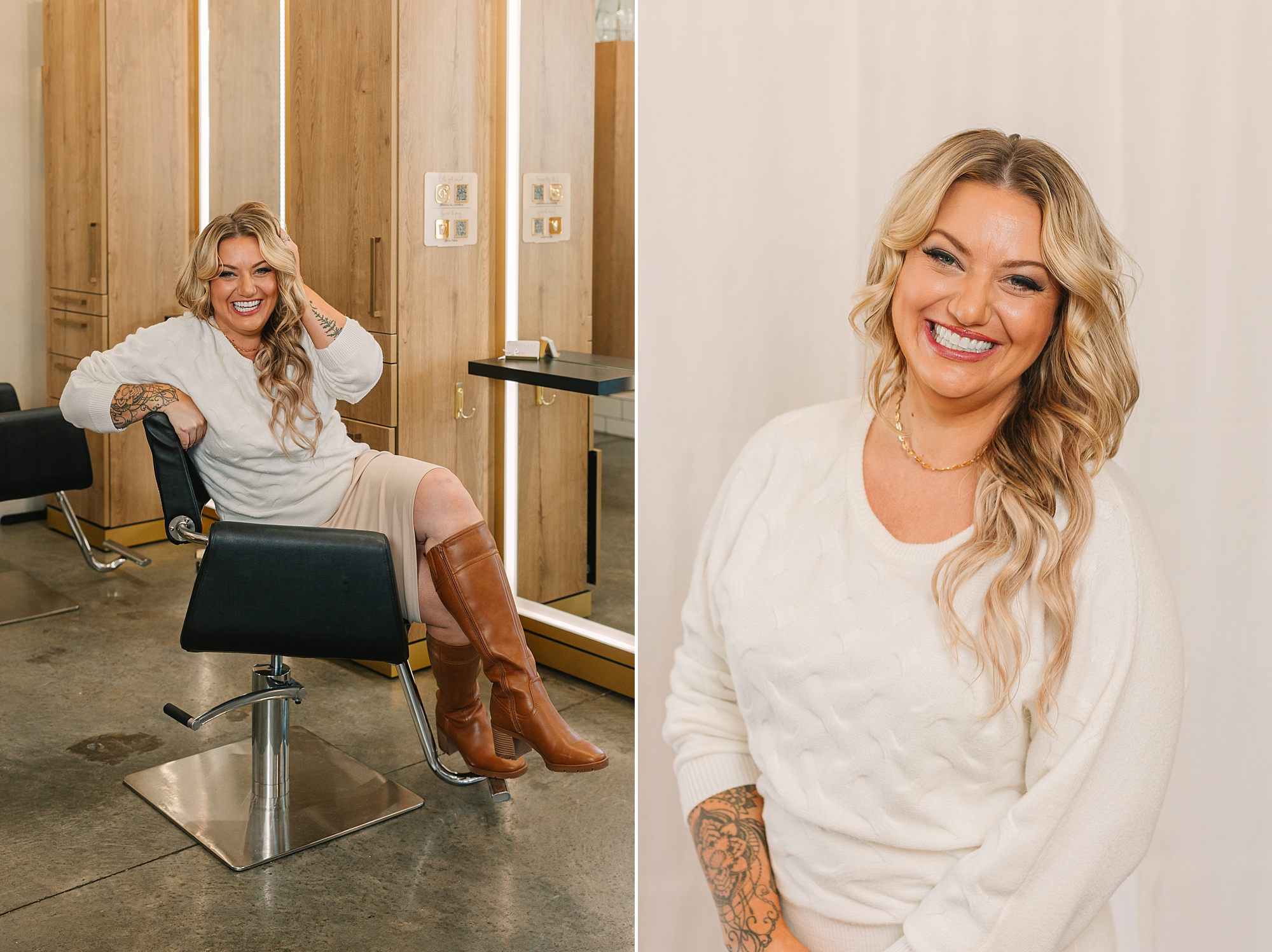 blonde woman laughs during branding portraits for salon in Nashville TN