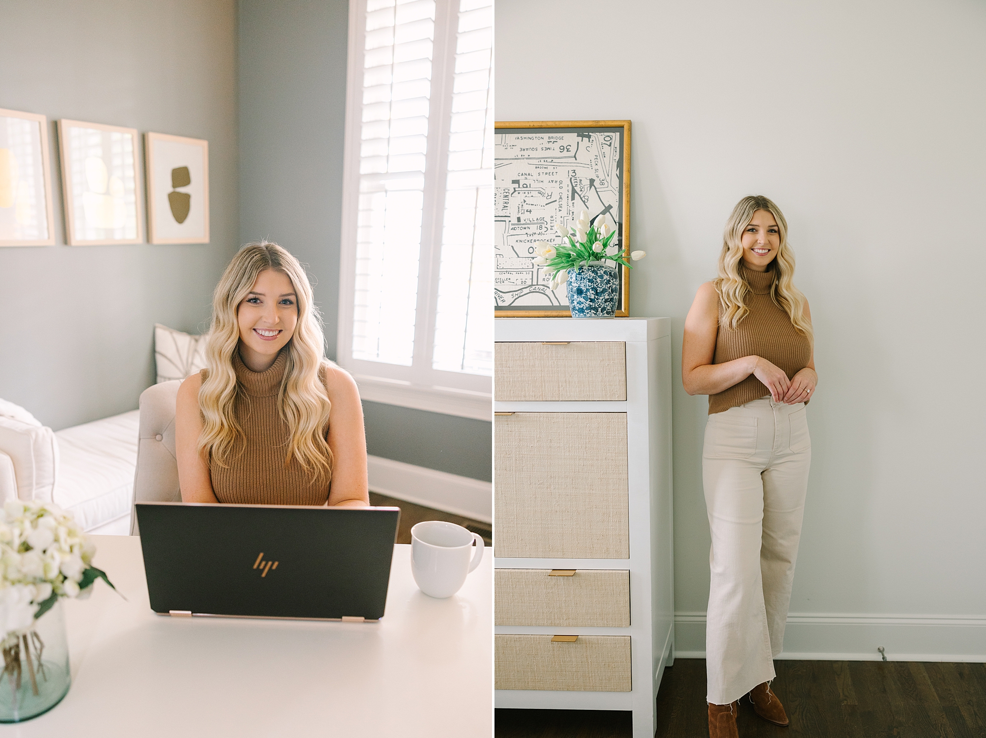 blonde woman works in home office during quarterly Nashville branding session for Be Styled Co.
