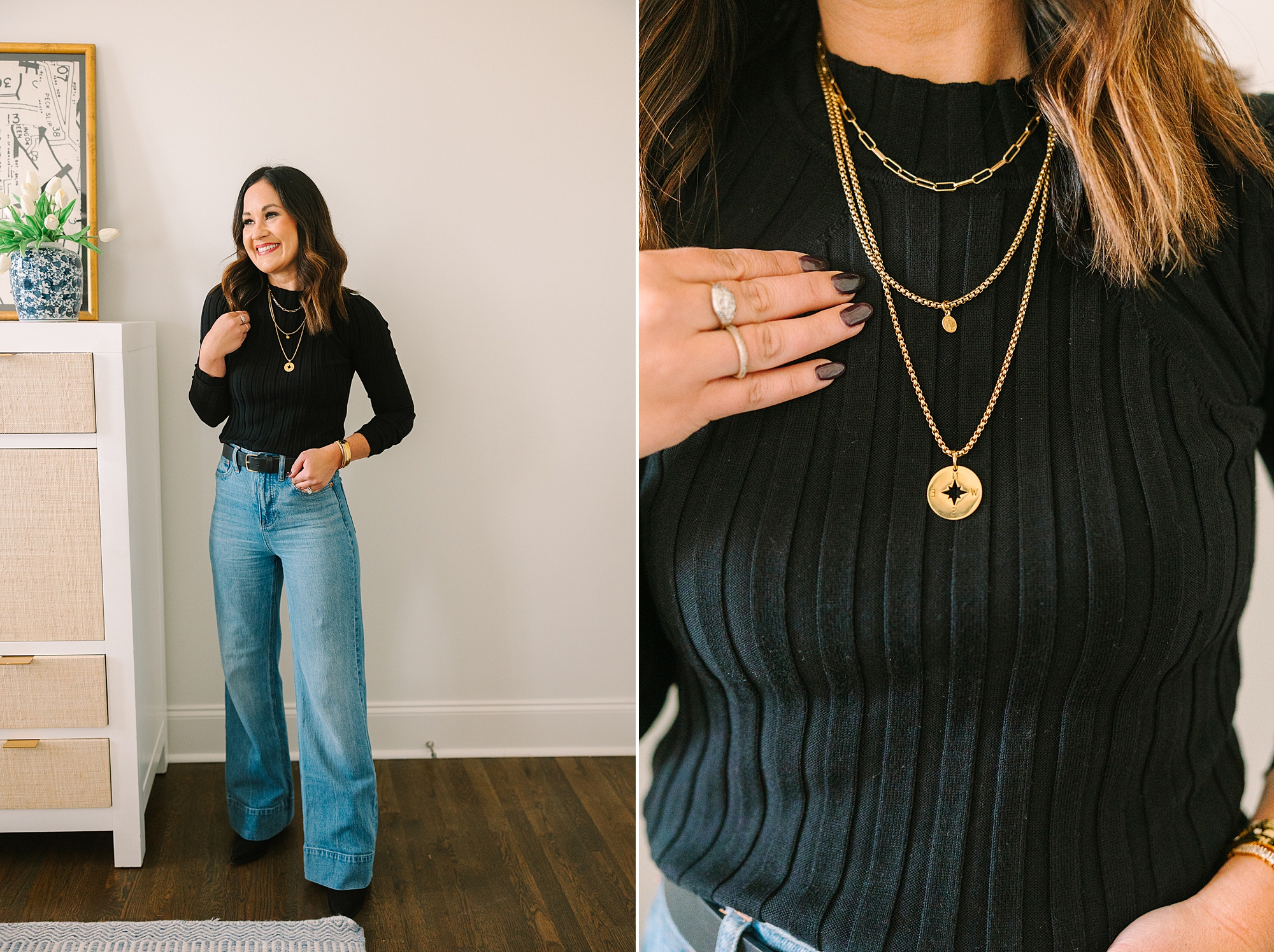 woman poses in black top with gold necklace during quarterly Nashville branding session for Be Styled Co.