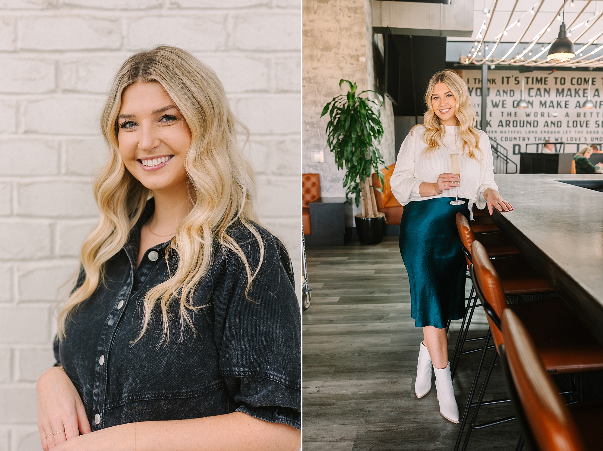 blonde woman sits at bar during quarterly Nashville branding session for Be Styled Co.
