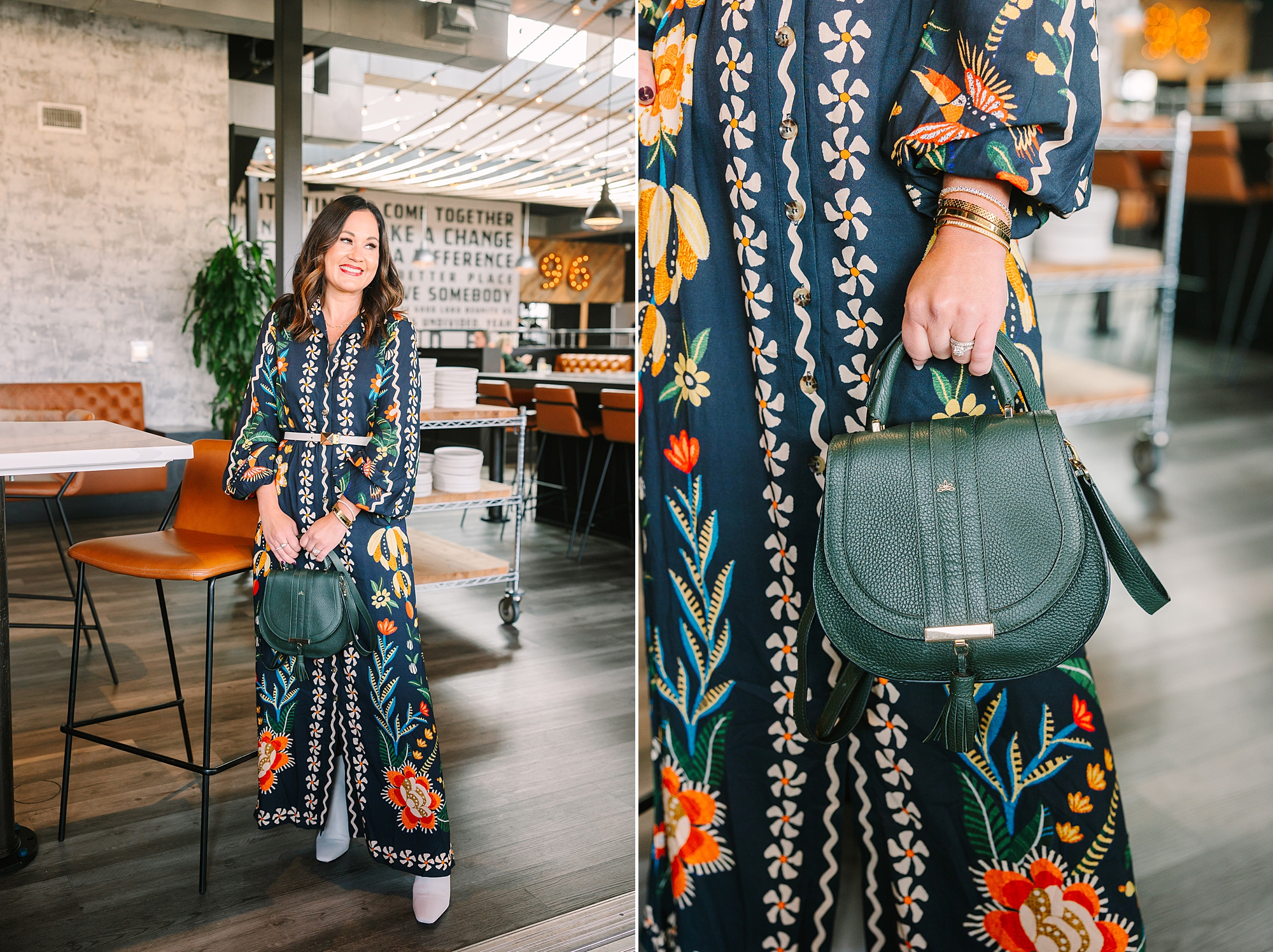 woman stands in coffee shop in printed dress with teal handbag