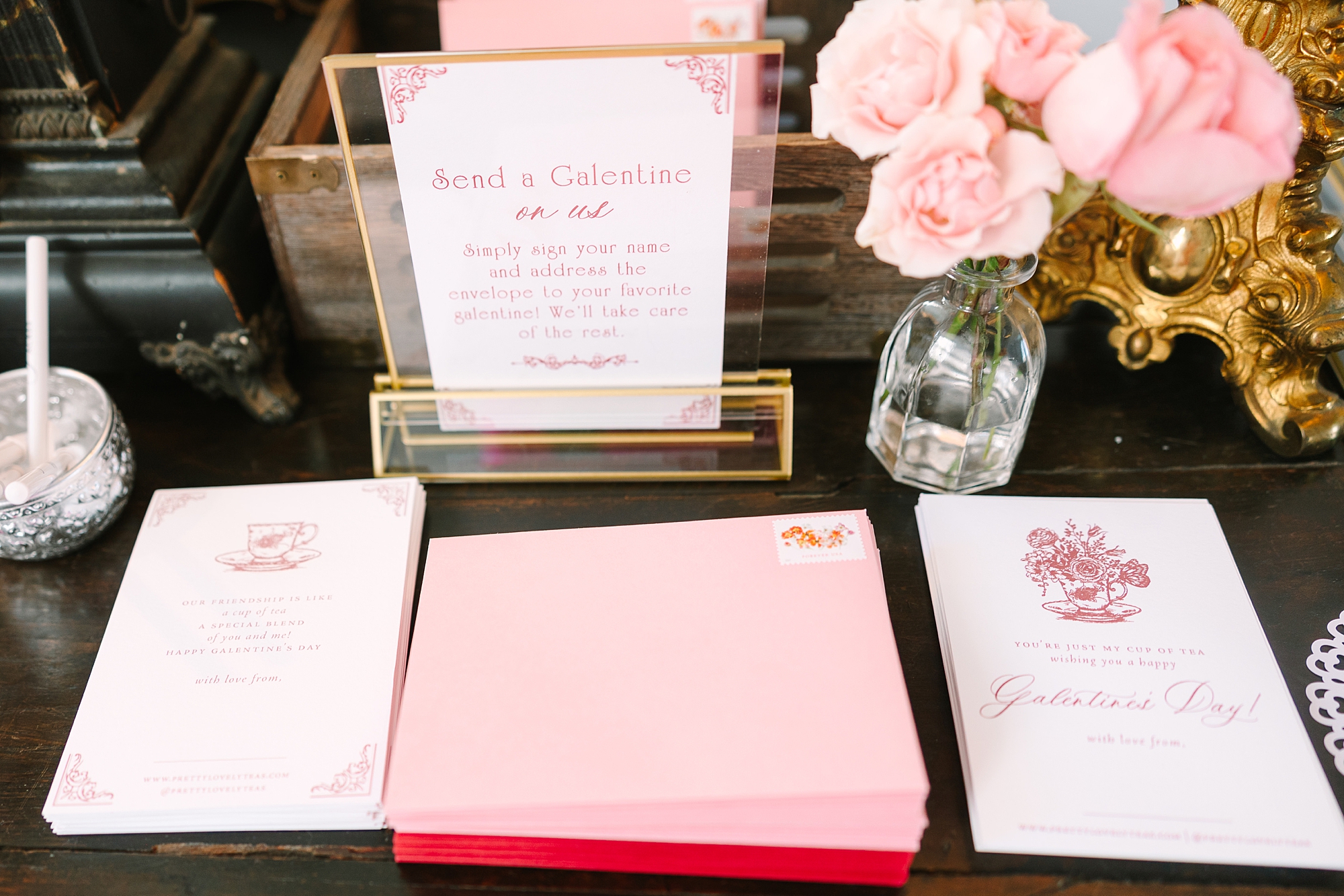 notecards and pink envelopes for Galentine's Day Tea