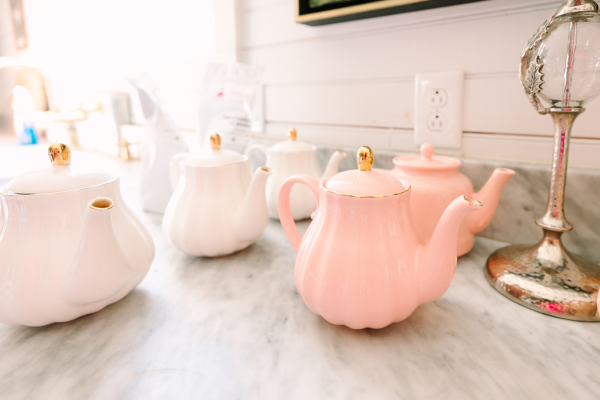 pink and white tea pots for Galentine's Day Tea