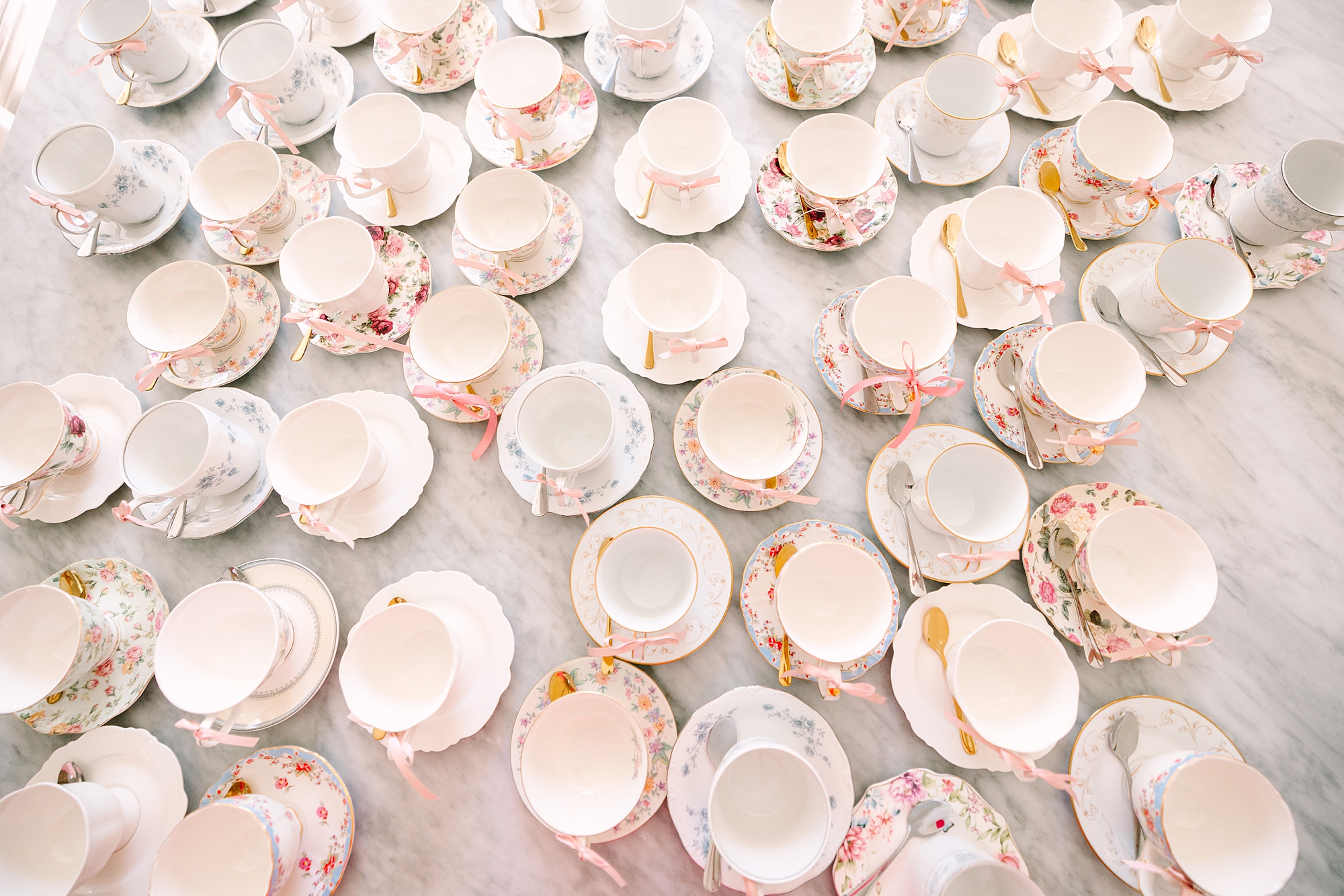 pink and white tea cups for Galentine's Day Tea at Magnolia Acres