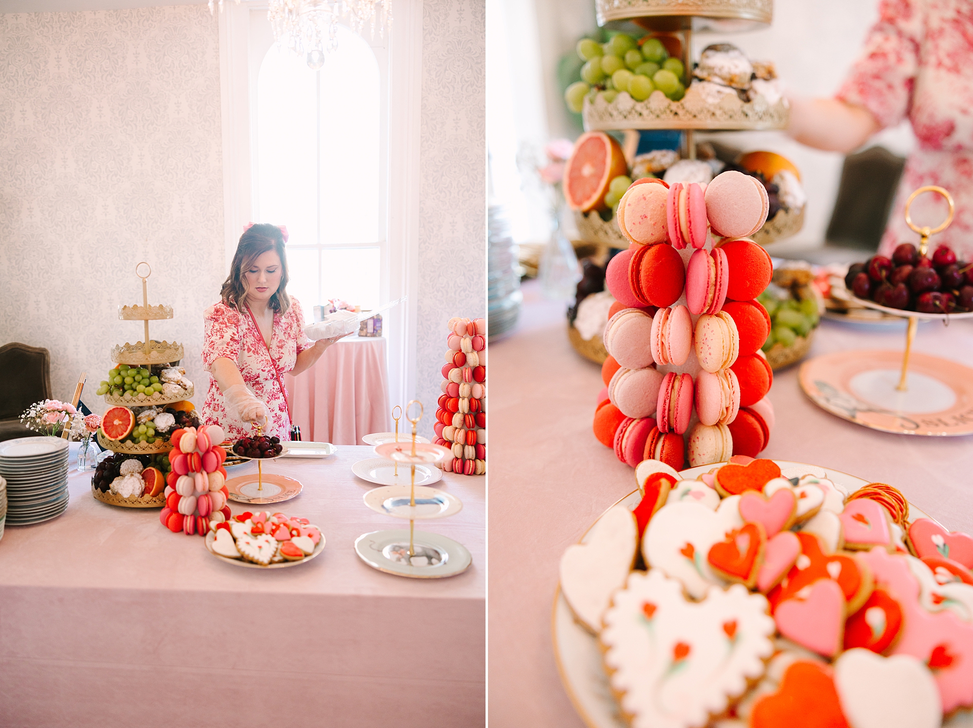 woman picks up macarons during Galentine's Day Tea hosted by Pretty Lovely Teas