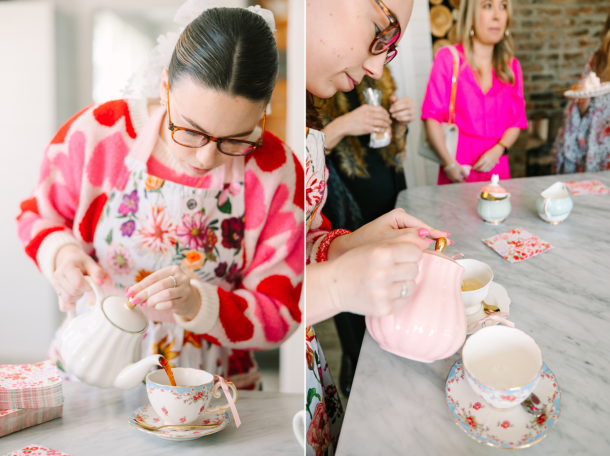 host pours tea for Franklin TN Galentine's Day tea with Pretty Lovely Teas