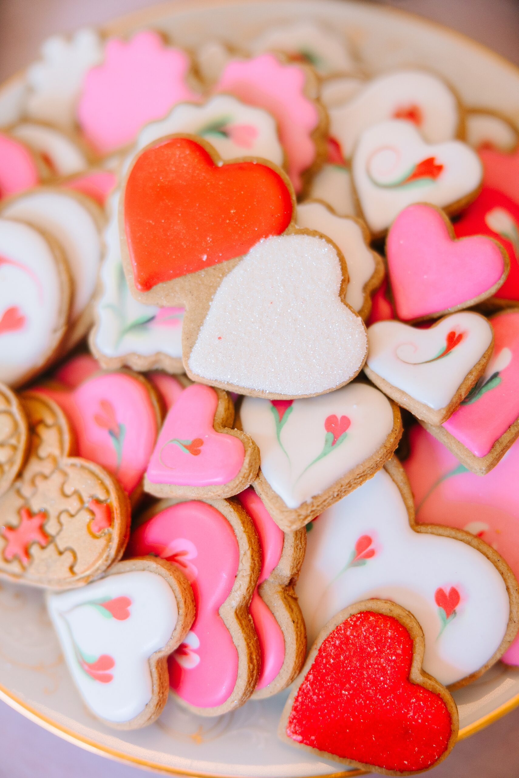 pink, white, and red heart shaped cookies for tea at Magnolia Acres
