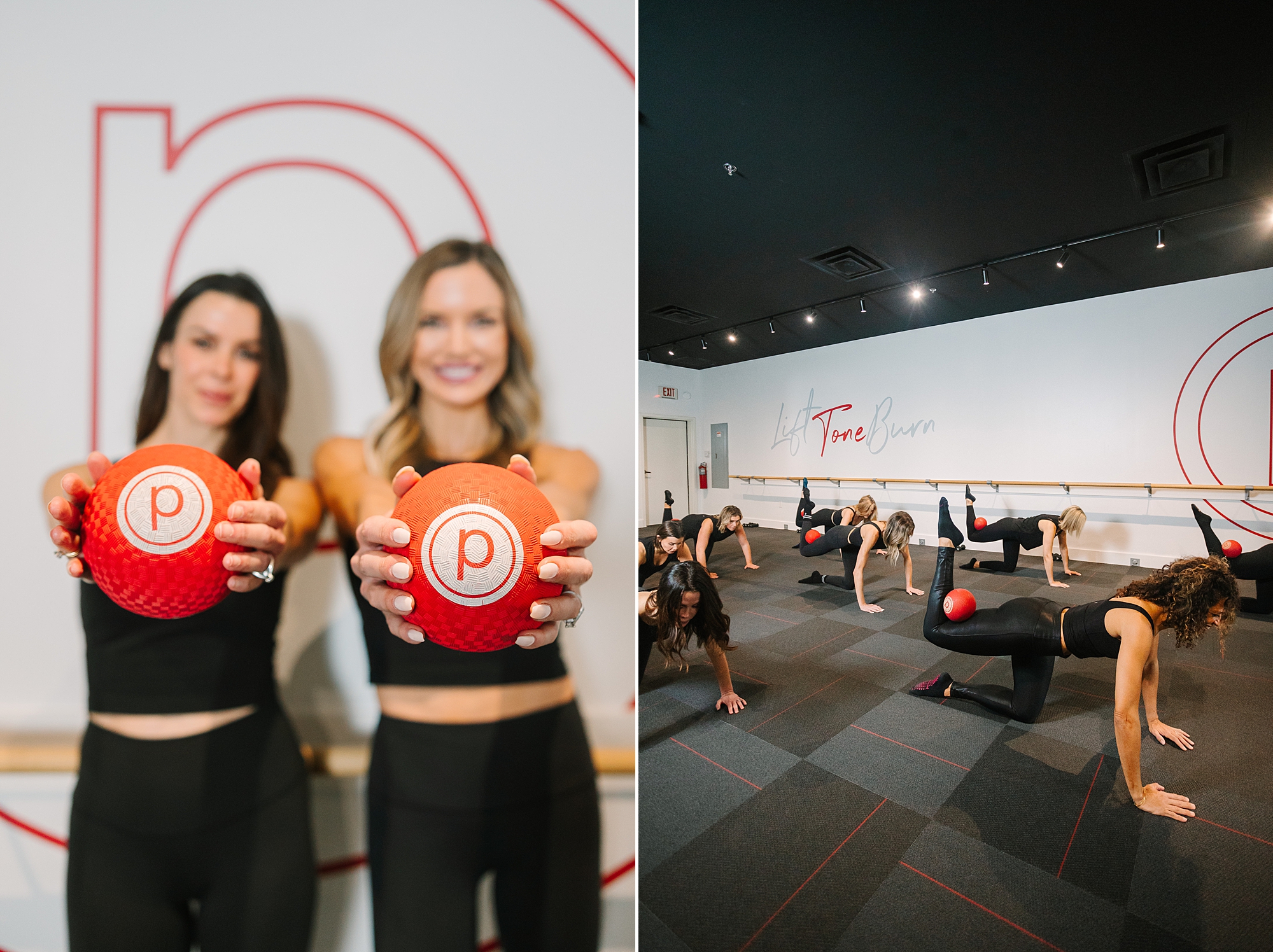 women hold out weighted balls during branding photos in studio